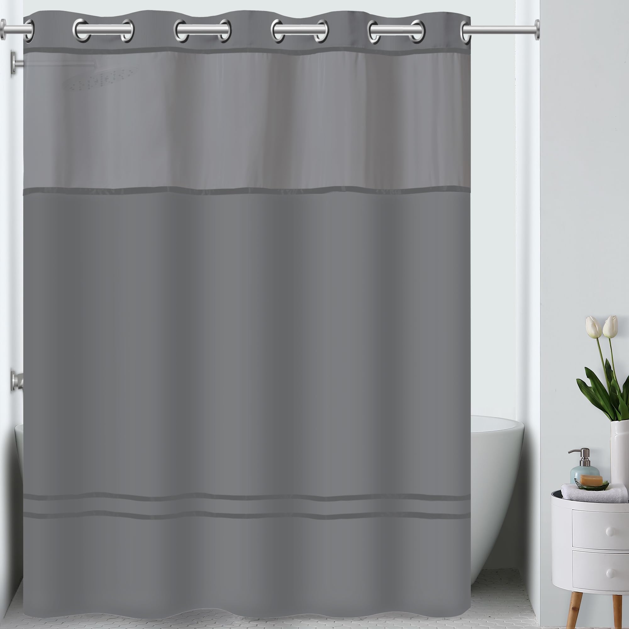 Hookless It's A Snap! Escape 3-in-1 Shower Curtain With Sheer Top Window, Flex-On Rings & Fabric Liner, 71" x 74", White