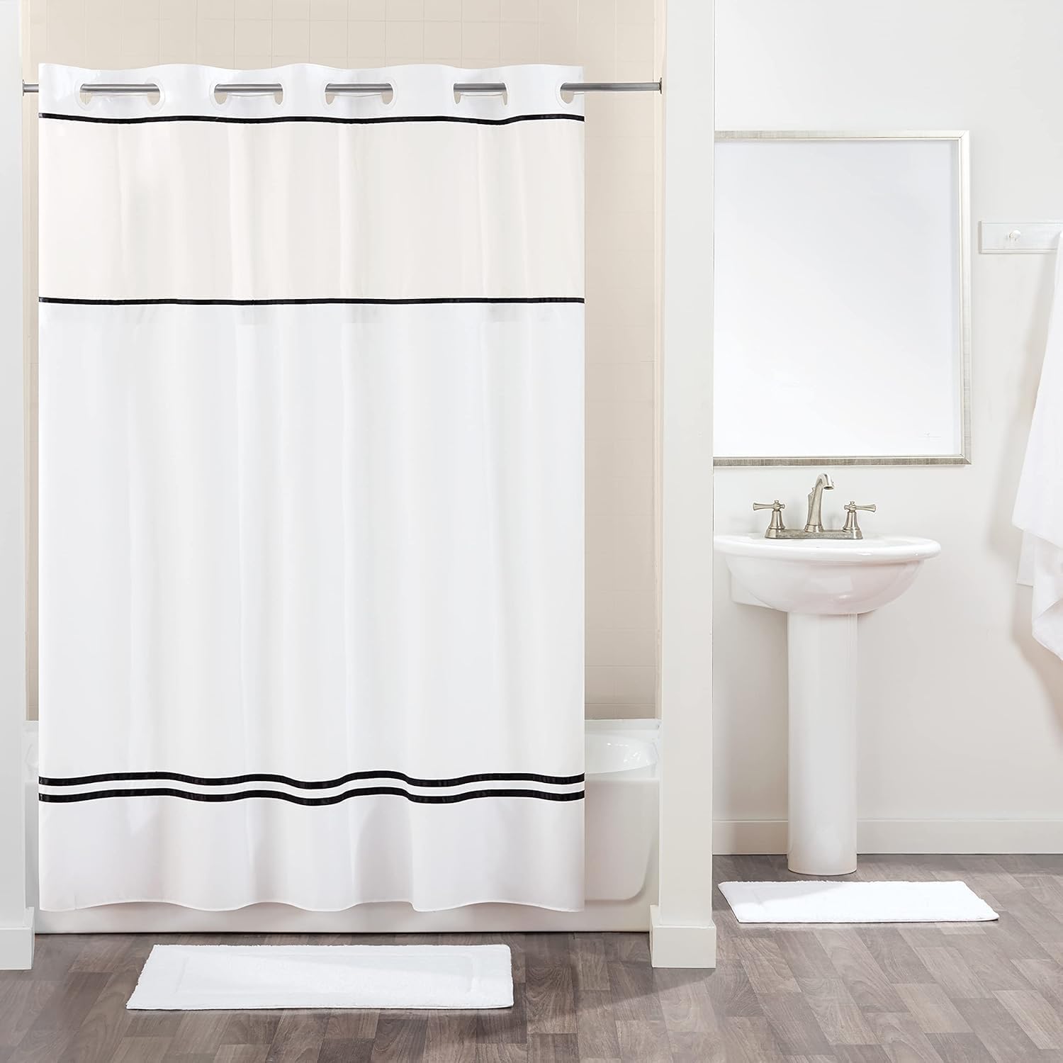 Hookless It's A Snap! Escape 3-in-1 Shower Curtain With Sheer Top Window, Flex-On Rings & Fabric Liner, 71" x 74", White