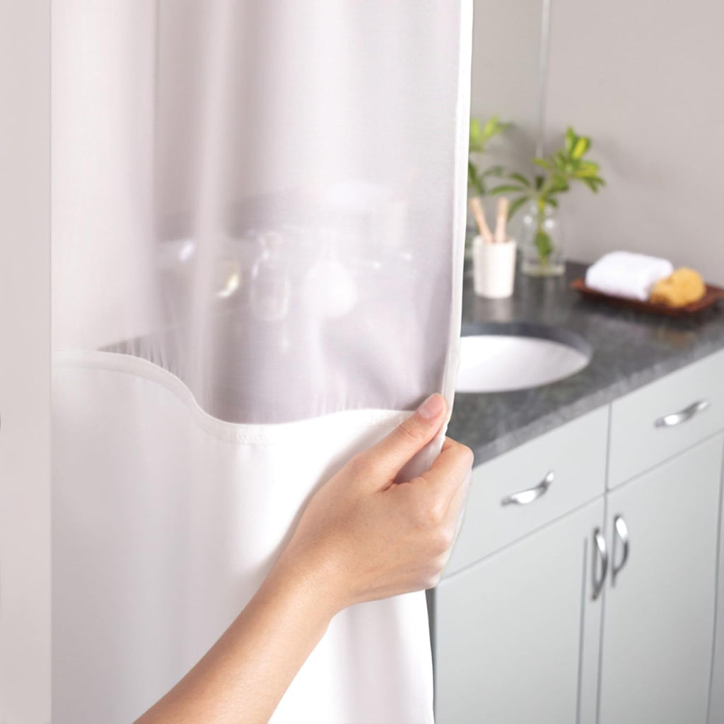 Hookless It's A Snap! Escape 3-in-1 Shower Curtain With Sheer Top Window, Flex-On Rings & Fabric Liner, 71" x 74", White