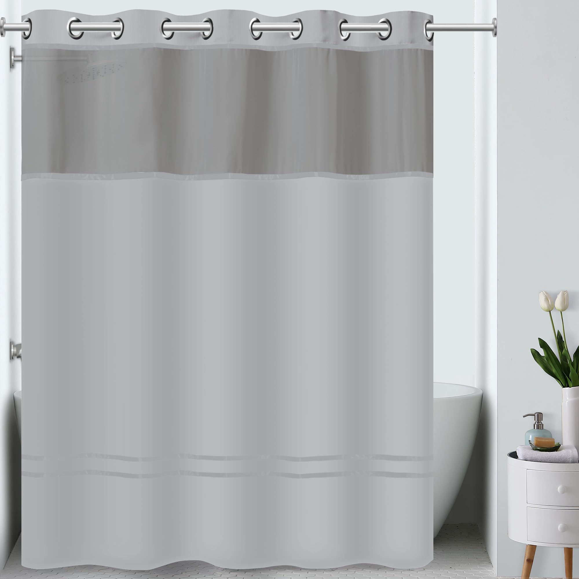 Hookless It's A Snap! Escape 3-in-1 Shower Curtain With Sheer Top Window, Flex-On Rings & Fabric Liner, 71" x 74", White