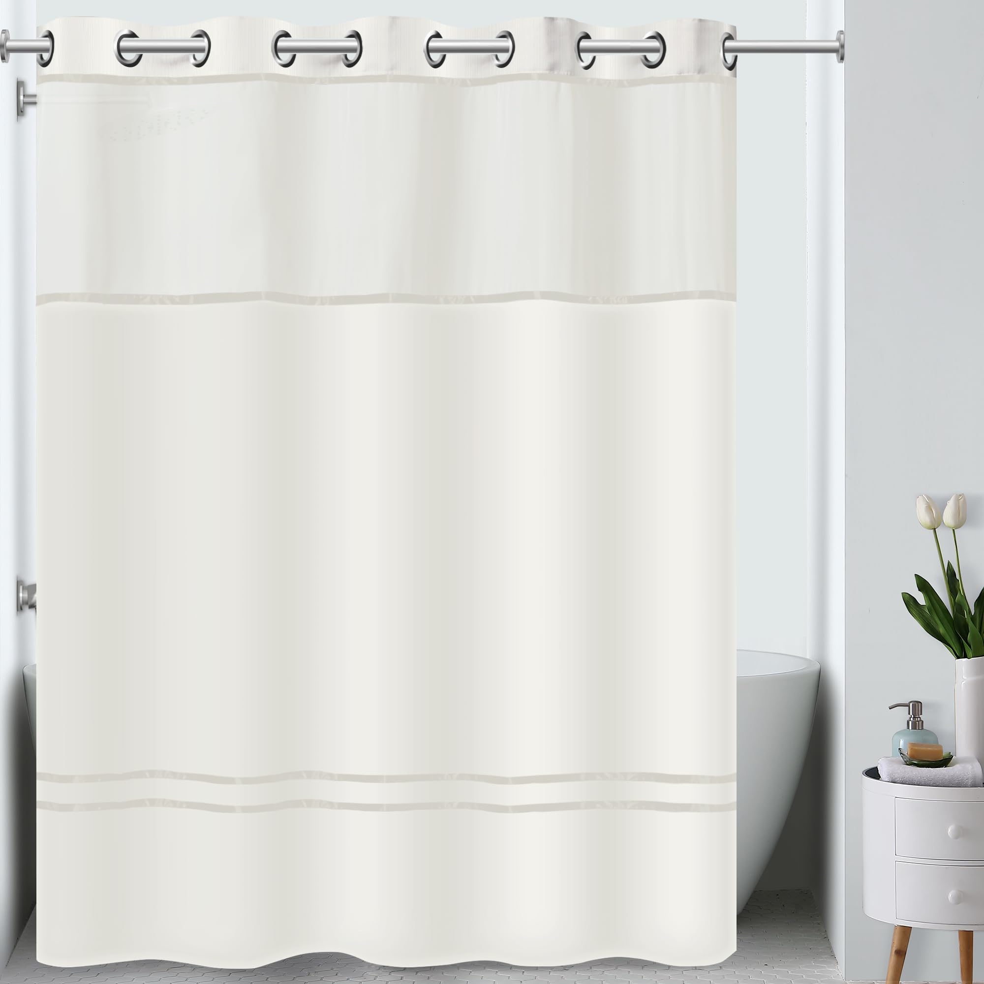 Hookless It's A Snap! Escape 3-in-1 Shower Curtain With Sheer Top Window, Flex-On Rings & Fabric Liner, 71" x 74", White