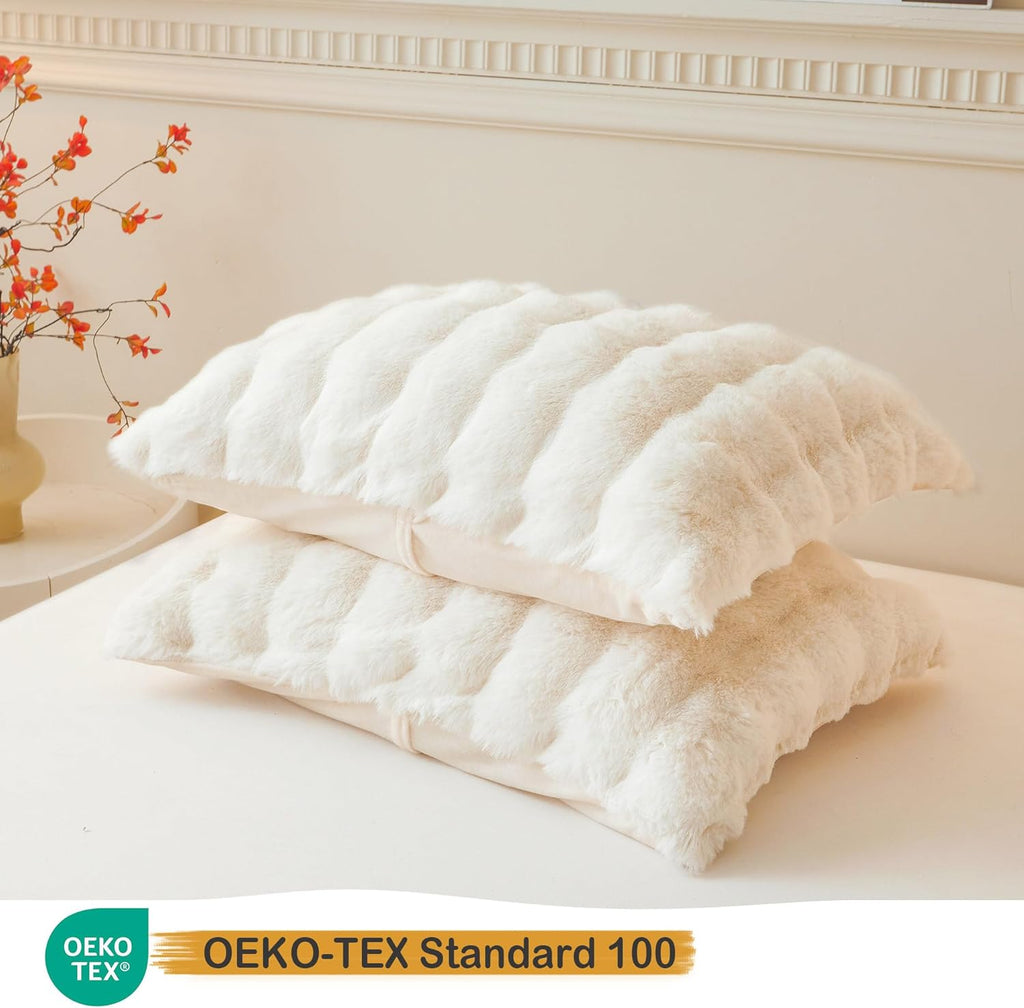 LIFEREVO 2 Pack Fluffy Faux Rabbit Fur Pillow Cases, Luxury Soft Plush Shaggy Bubble Pillowcases Standard Size with Zipper Closure, Furry Fuzzy Ivory Long Pillow Shams Bedroom Living Room 20x26, Beige