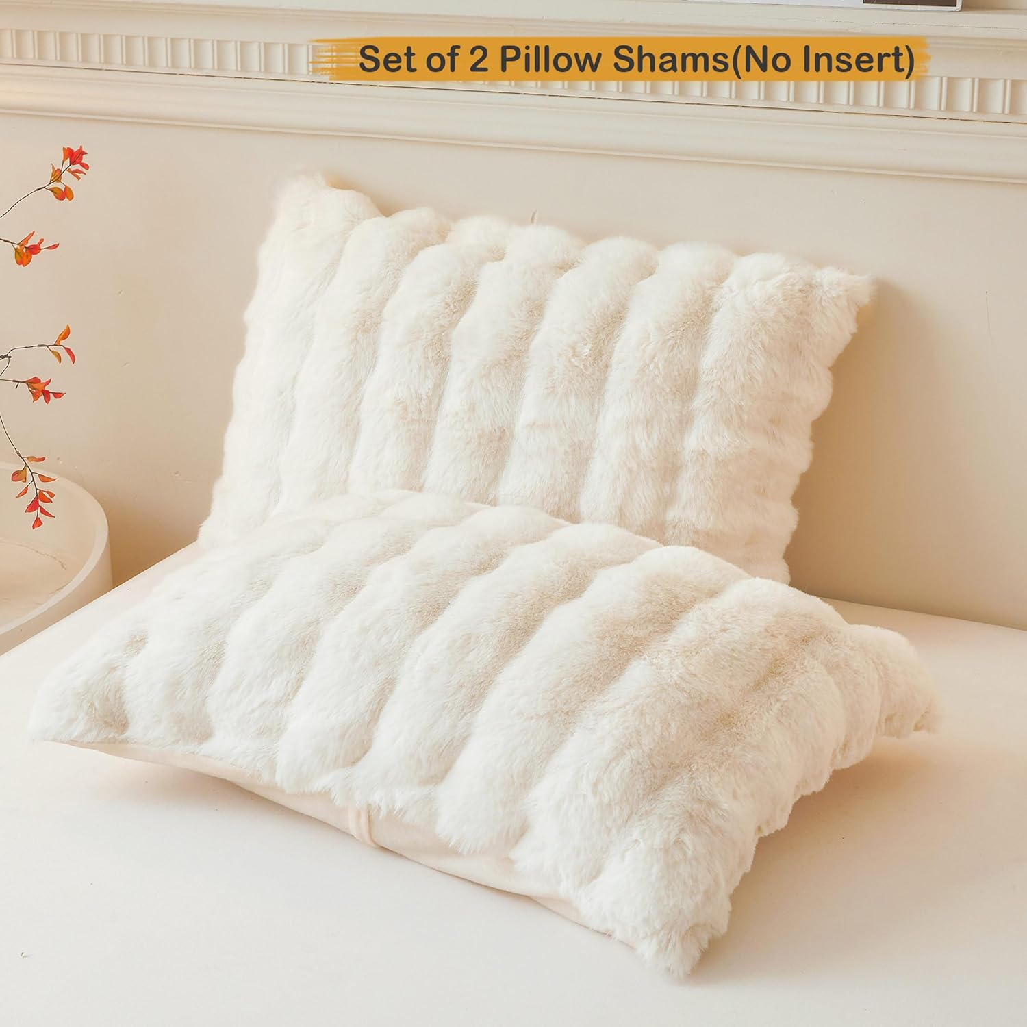 LIFEREVO 2 Pack Fluffy Faux Rabbit Fur Pillow Cases, Luxury Soft Plush Shaggy Bubble Pillowcases Standard Size with Zipper Closure, Furry Fuzzy Ivory Long Pillow Shams Bedroom Living Room 20x26, Beige