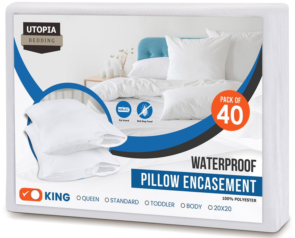 Set of 2 Pillow Protectors with Zipper Standard Size, Bed Bug and Dust Mite Proof Pillow Covers, Ultra Soft Pillow Encasements, Moisture Wicking and Waterproof Pillow Cases by Utopia Bedding (White)