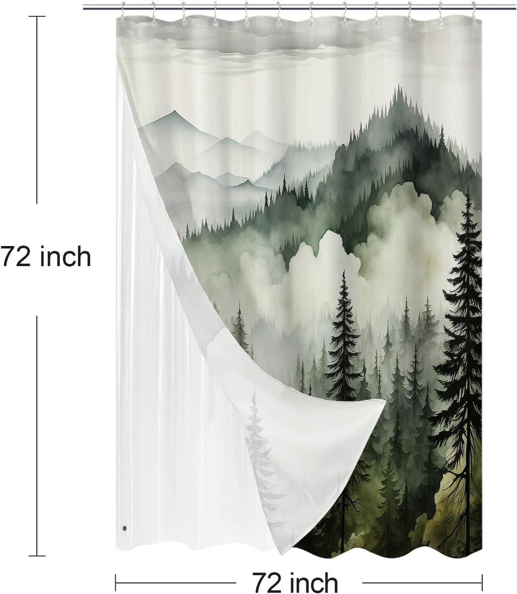 Litable Dark Green Forest Shower Curtain Set, 3 in 1 Fabric Shower Curtain with Waterproof Plastic Shower Curtain Liner & 12 Stainless Steel Metal Hooks, Misty Pine Nature Bathroom Curtain 72x72