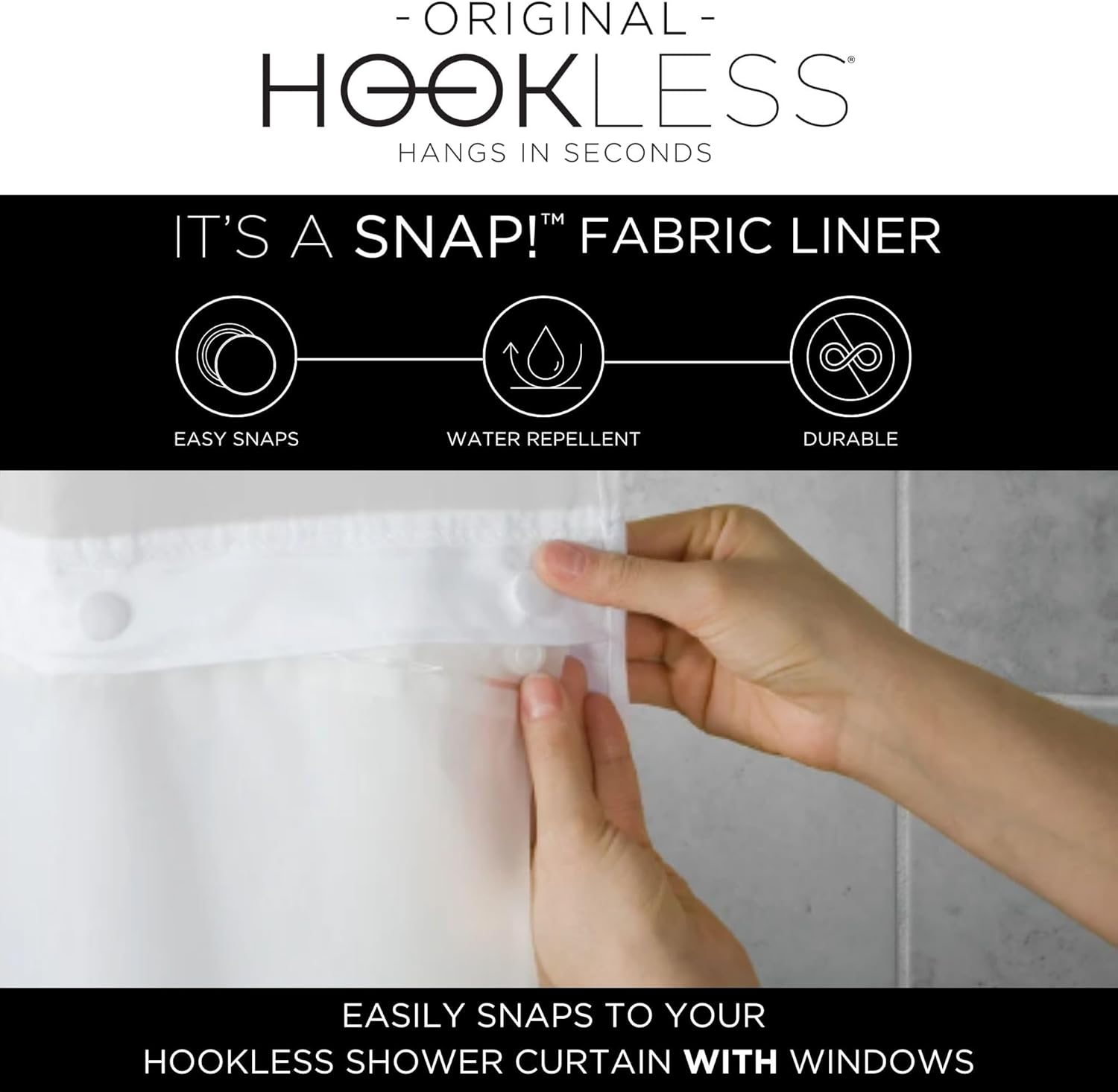 Hookless It's A Snap! Escape 3-in-1 Shower Curtain With Sheer Top Window, Flex-On Rings & Fabric Liner, 71" x 74", White