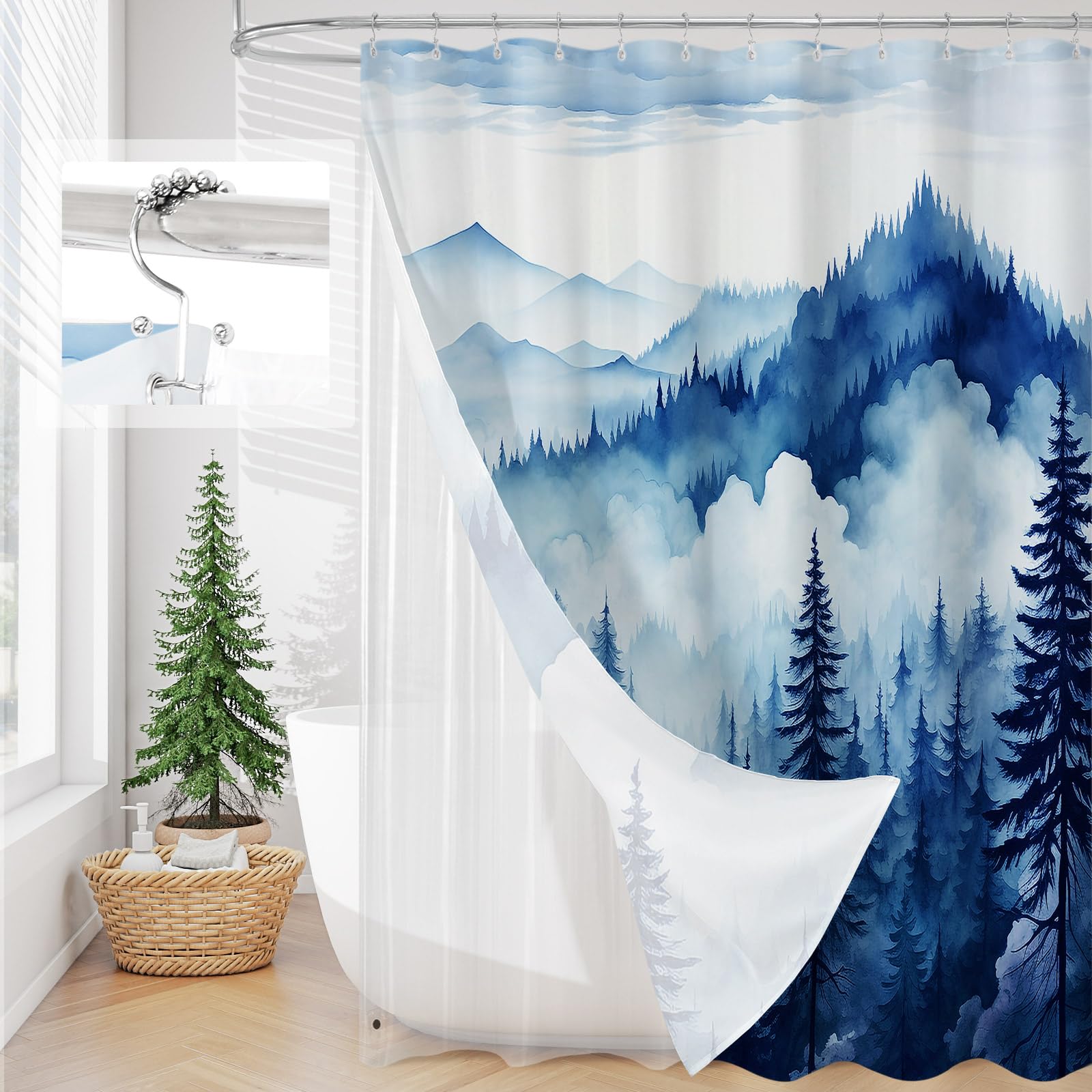 Litable Dark Green Forest Shower Curtain Set, 3 in 1 Fabric Shower Curtain with Waterproof Plastic Shower Curtain Liner & 12 Stainless Steel Metal Hooks, Misty Pine Nature Bathroom Curtain 72x72