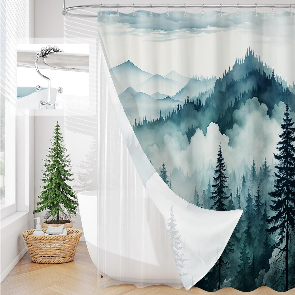 Litable Dark Green Forest Shower Curtain Set, 3 in 1 Fabric Shower Curtain with Waterproof Plastic Shower Curtain Liner & 12 Stainless Steel Metal Hooks, Misty Pine Nature Bathroom Curtain 72x72