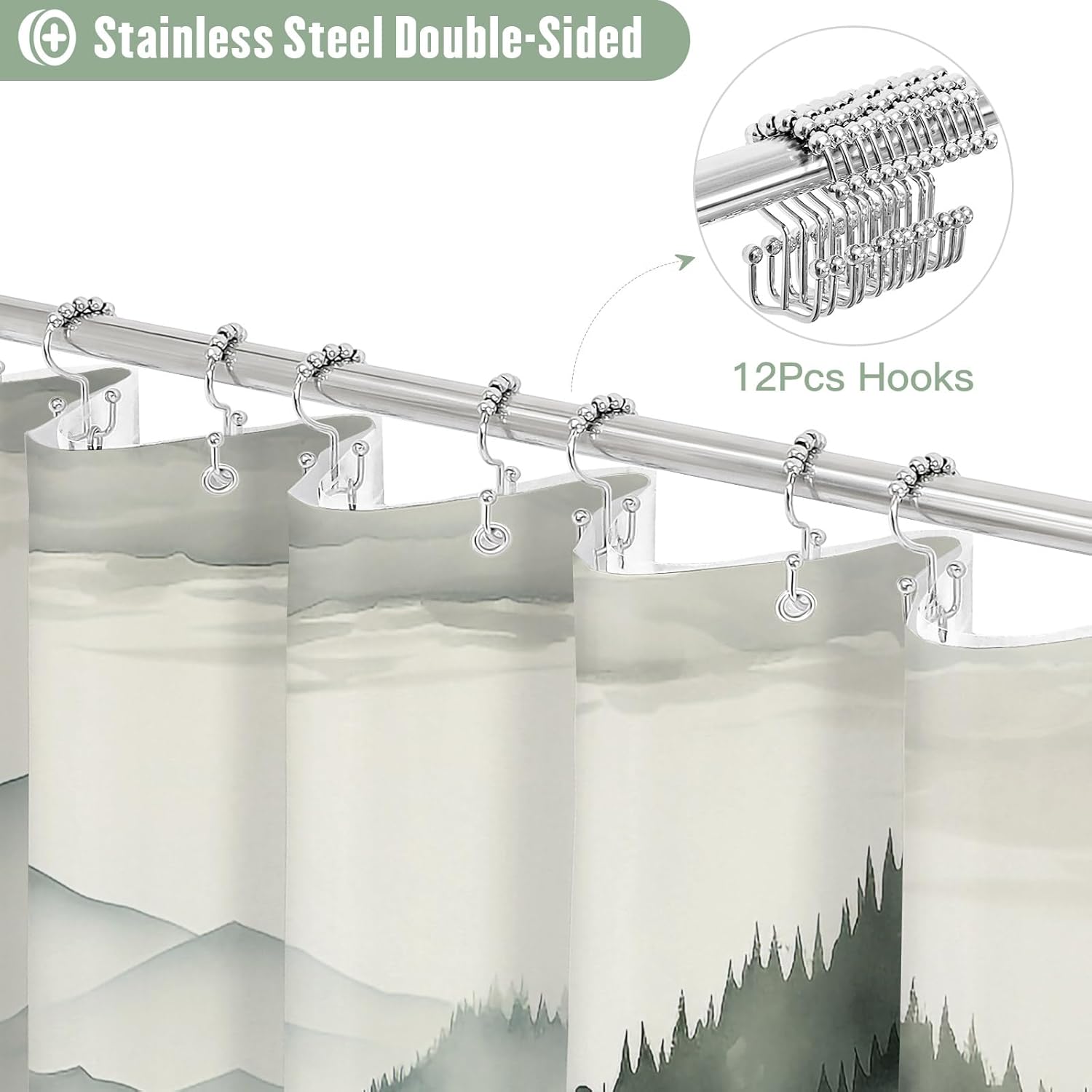 Litable Dark Green Forest Shower Curtain Set, 3 in 1 Fabric Shower Curtain with Waterproof Plastic Shower Curtain Liner & 12 Stainless Steel Metal Hooks, Misty Pine Nature Bathroom Curtain 72x72