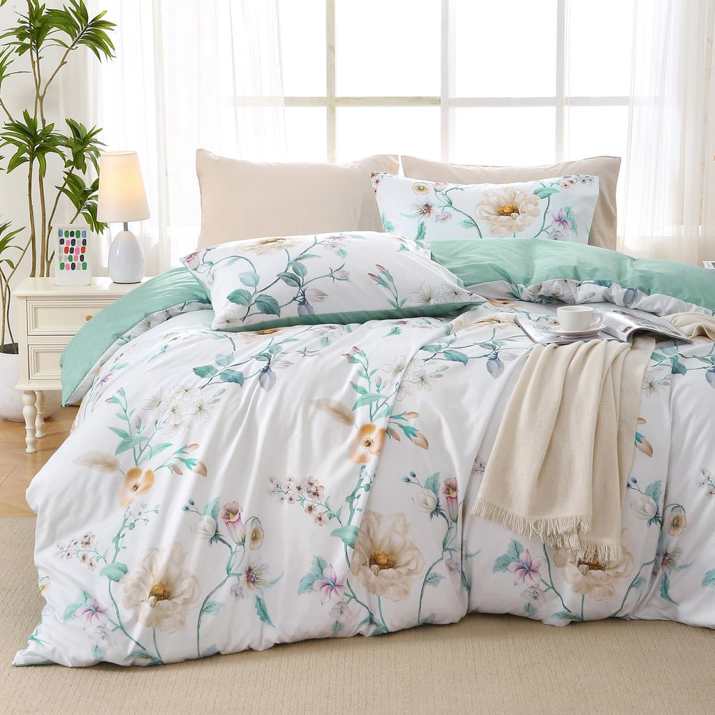 MUXHOMO Duvet Cover Queen Size, Reversible Floral Green Duvet Cover Set with Zipper Closure, 3 Pieces Botanical Patterns Soft Microfiber Bedding Set with 4 Ties (90"x90", 2 Pillow Cases)