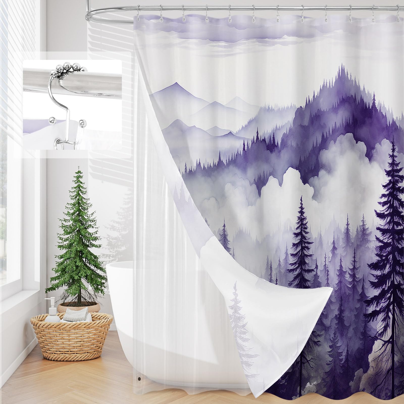 Litable Dark Green Forest Shower Curtain Set, 3 in 1 Fabric Shower Curtain with Waterproof Plastic Shower Curtain Liner & 12 Stainless Steel Metal Hooks, Misty Pine Nature Bathroom Curtain 72x72