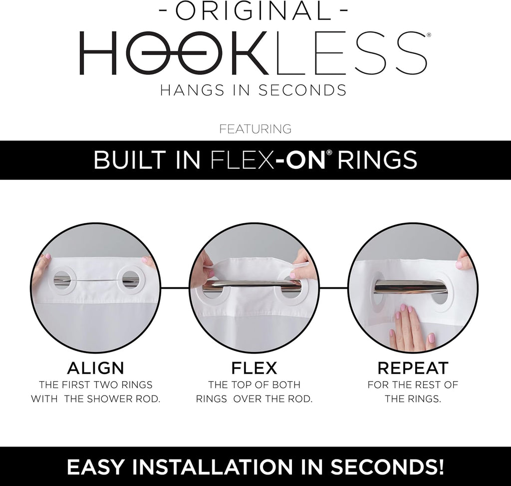 Hookless It's A Snap! Escape 3-in-1 Shower Curtain With Sheer Top Window, Flex-On Rings & Fabric Liner, 71" x 74", White