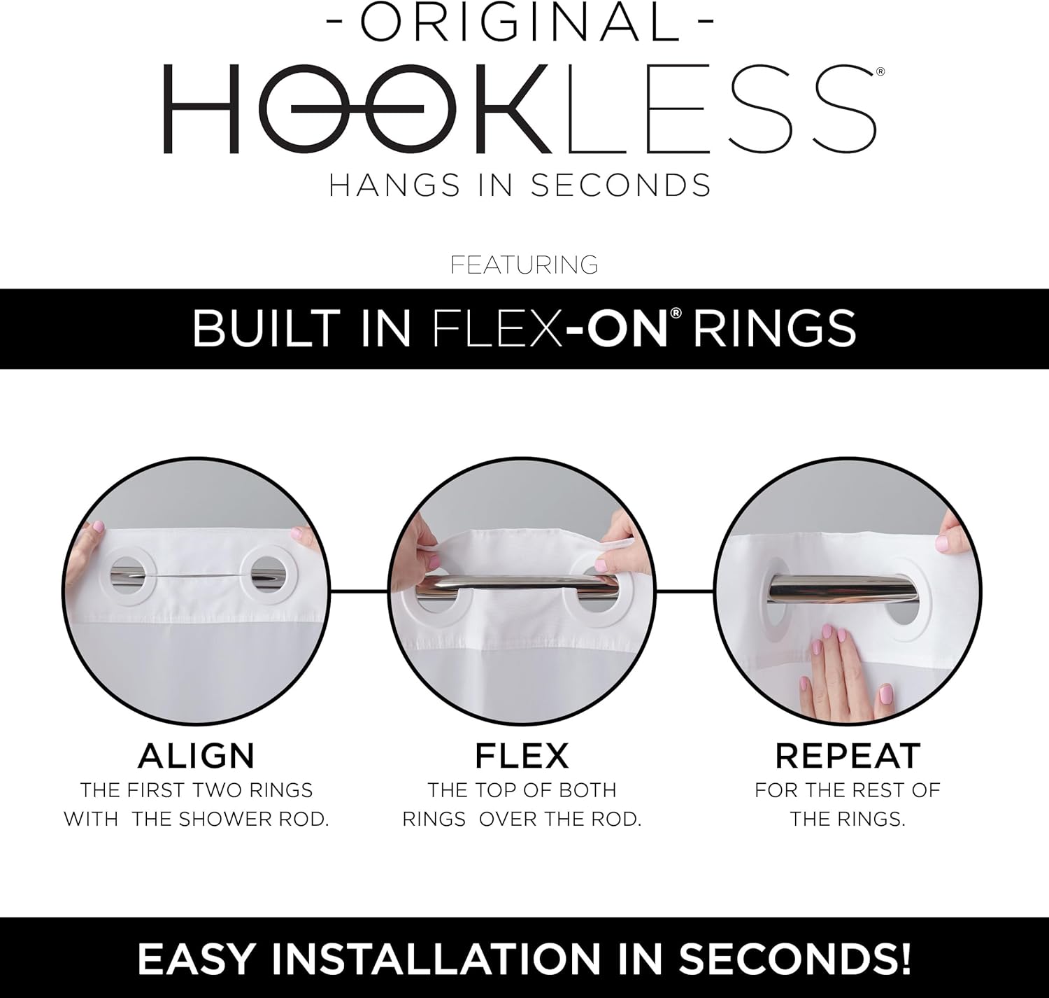 Hookless It's A Snap! Escape 3-in-1 Shower Curtain With Sheer Top Window, Flex-On Rings & Fabric Liner, 71" x 74", White