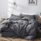 MooMee Bedding Duvet Cover Set 100% Washed Cotton Linen Like Textured Breathable Durable Soft Comfy (Heathered Tannish Linen Grey, Queen 90"x90")