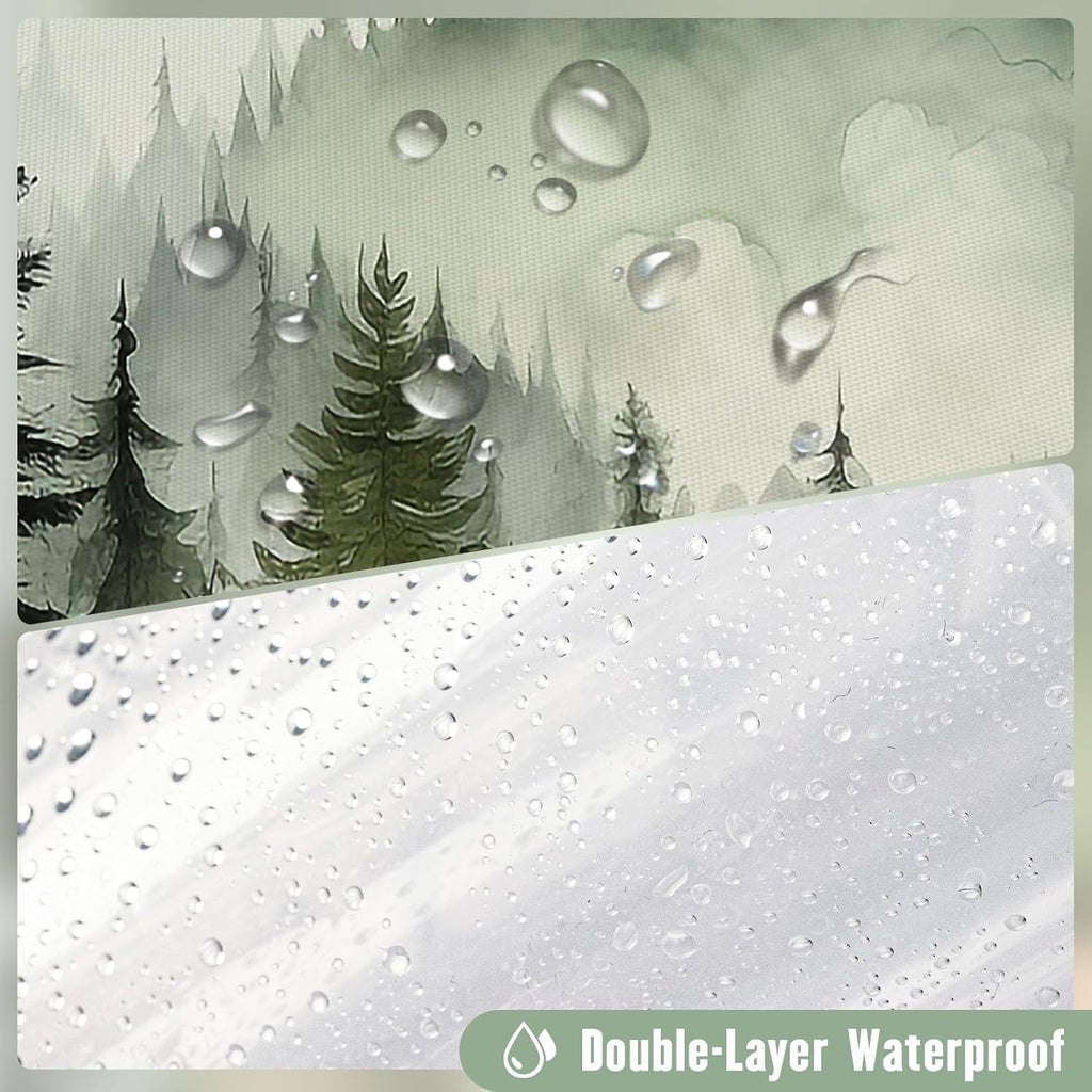 Litable Dark Green Forest Shower Curtain Set, 3 in 1 Fabric Shower Curtain with Waterproof Plastic Shower Curtain Liner & 12 Stainless Steel Metal Hooks, Misty Pine Nature Bathroom Curtain 72x72
