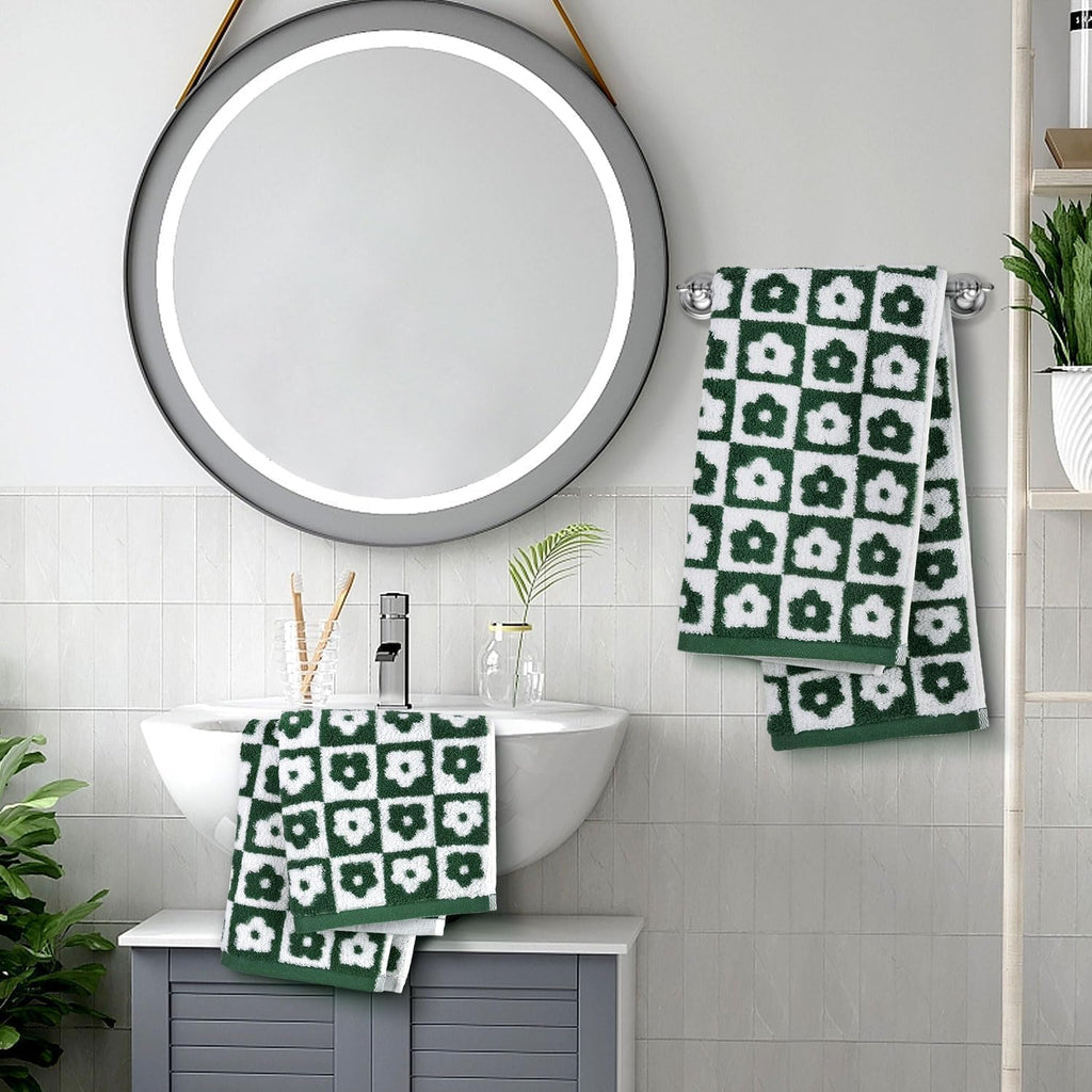 Jacquotha Cotton Hand Towels Green Checkered Floral - Quick Drying Hand Towel Set of 4, for Bathroom Kitchen Decor, 29” x 13”