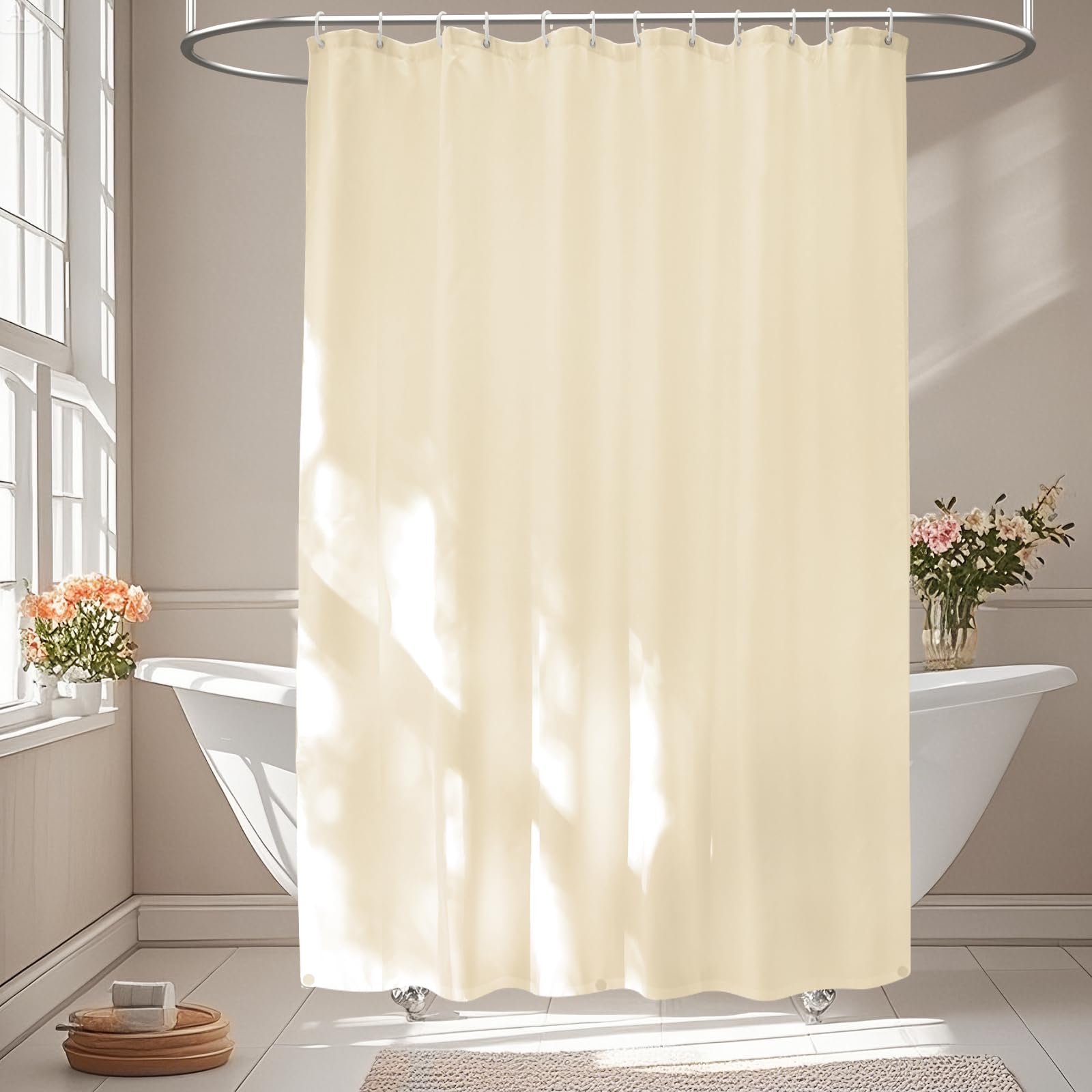 Seenus Waterproof Fabric Shower Curtain Liner with 3 Extra-Large Magnets, 72 x 72 inch Washable Cloth Shower Liner Odorless Hotel Quality, Neutral White Lightweight Shower Curtain for Bathroom