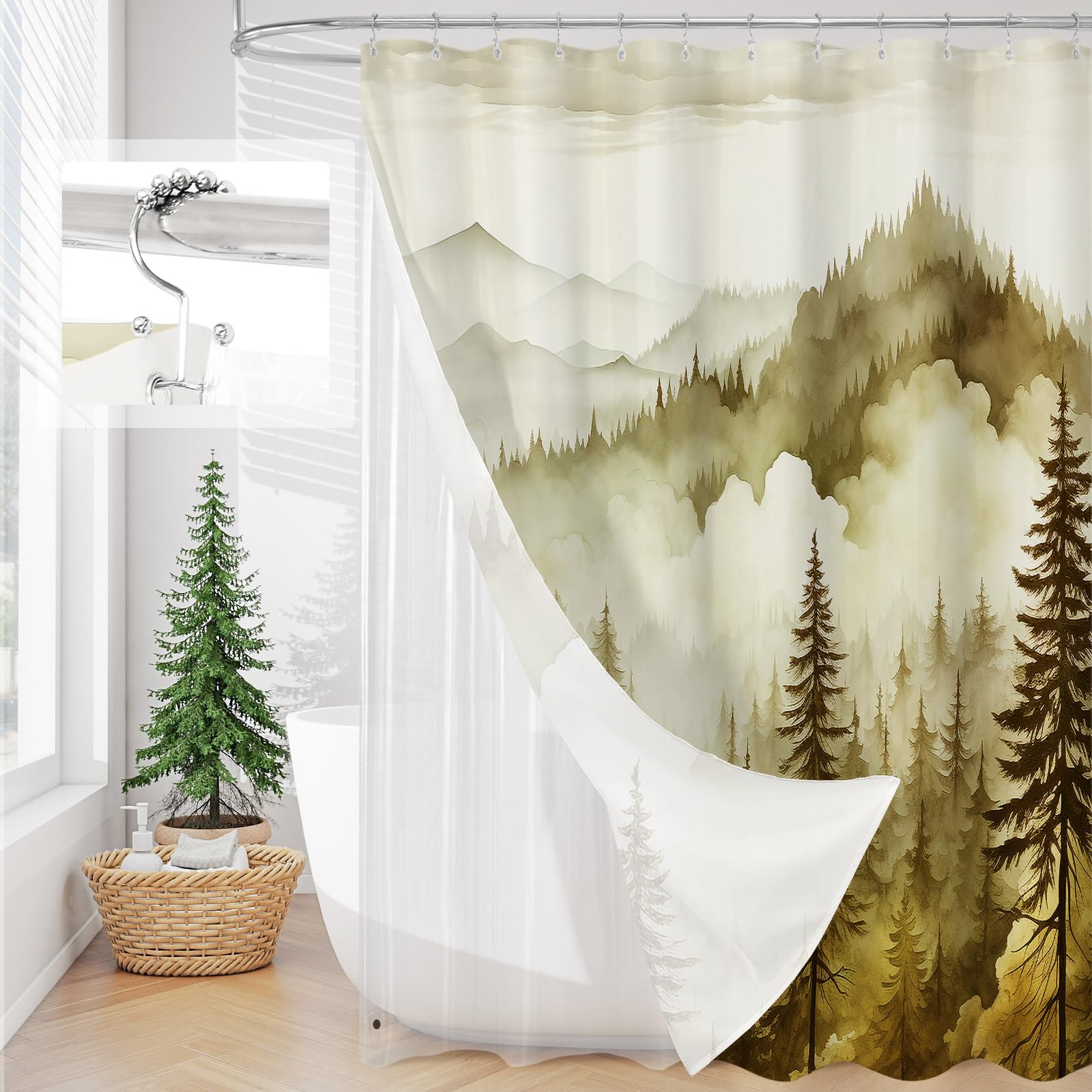 Litable Dark Green Forest Shower Curtain Set, 3 in 1 Fabric Shower Curtain with Waterproof Plastic Shower Curtain Liner & 12 Stainless Steel Metal Hooks, Misty Pine Nature Bathroom Curtain 72x72