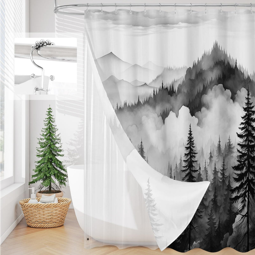 Litable Dark Green Forest Shower Curtain Set, 3 in 1 Fabric Shower Curtain with Waterproof Plastic Shower Curtain Liner & 12 Stainless Steel Metal Hooks, Misty Pine Nature Bathroom Curtain 72x72
