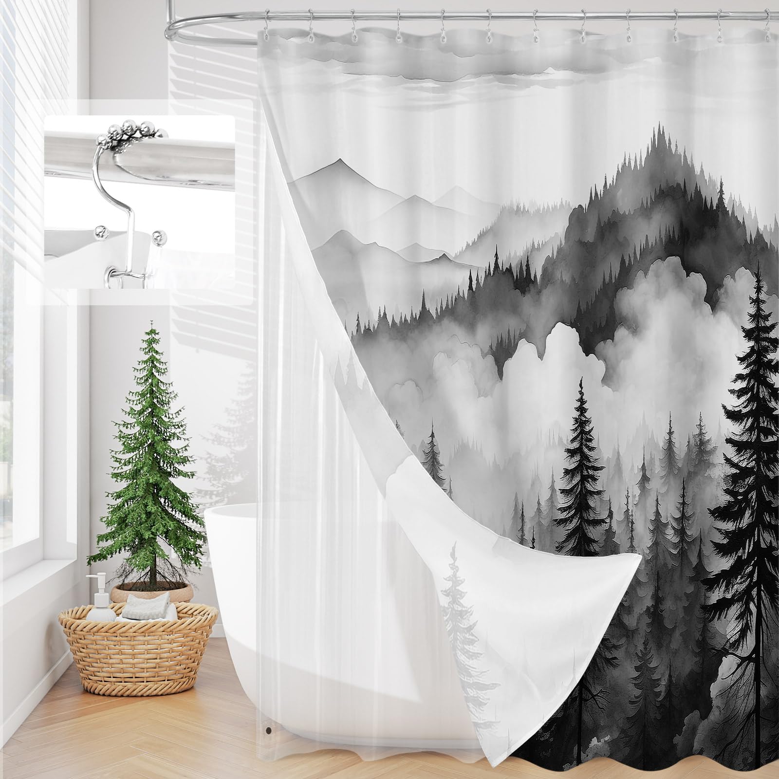 Litable Dark Green Forest Shower Curtain Set, 3 in 1 Fabric Shower Curtain with Waterproof Plastic Shower Curtain Liner & 12 Stainless Steel Metal Hooks, Misty Pine Nature Bathroom Curtain 72x72