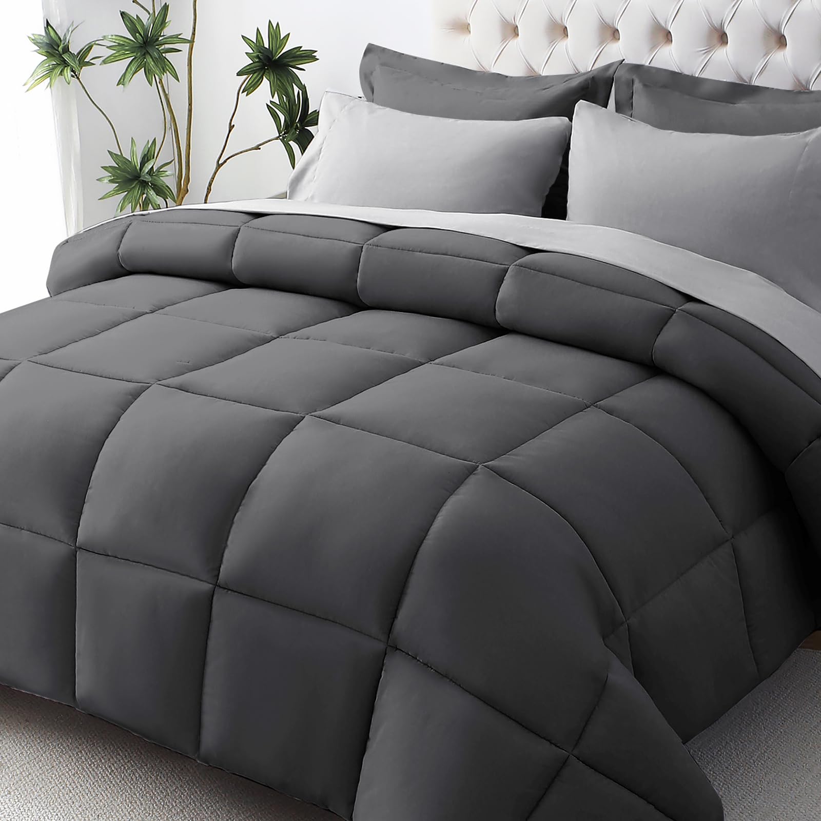 JOLLYVOGUE Queen Comforter Set, Ultra-Soft Bed in a Bag Queen Size 7 Pieces, Oeko-TEX Certified Bedding Set with Down Alternative Comforter, Sheets, Pillowcases & Shams, Black