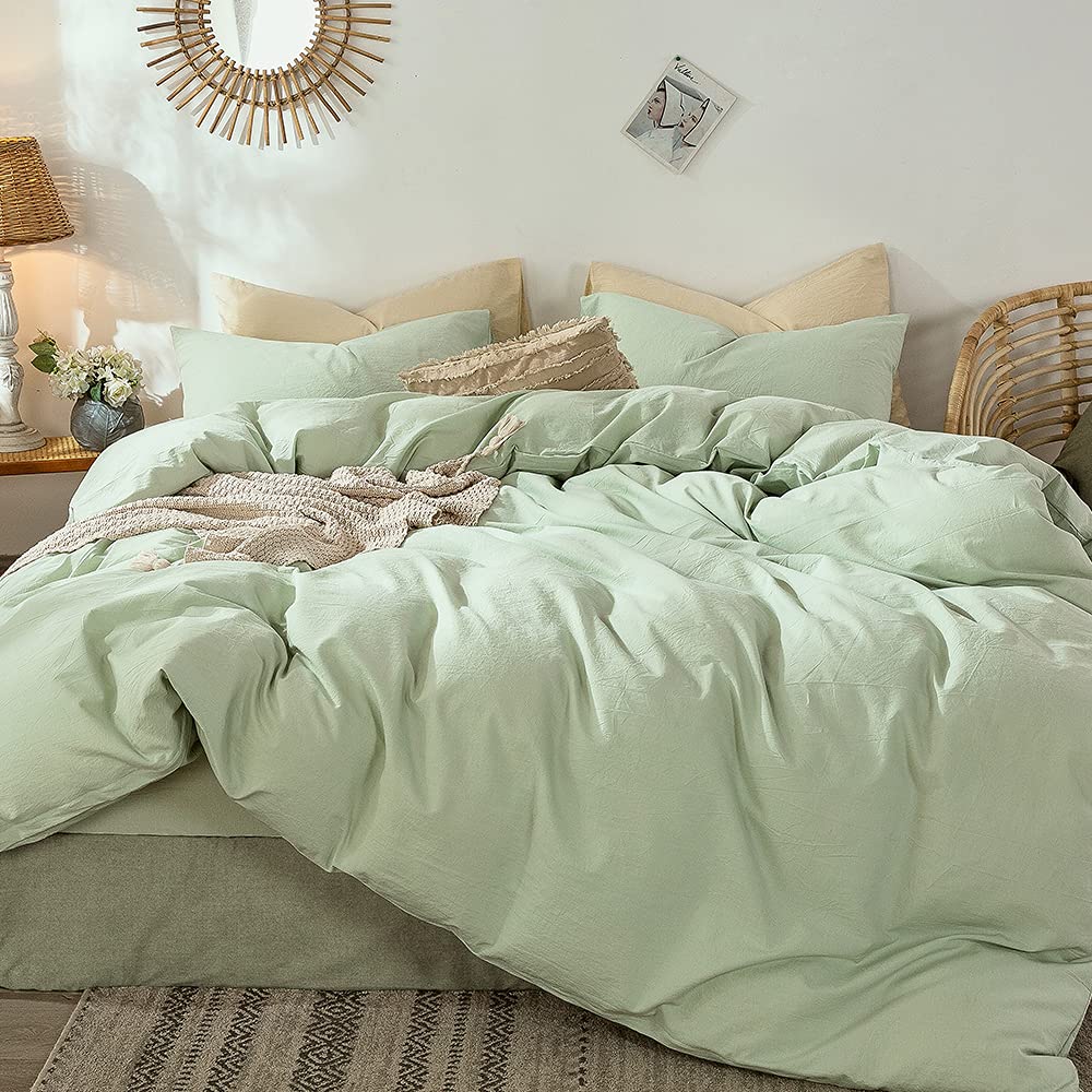 MooMee Bedding Duvet Cover Set 100% Washed Cotton Linen Like Textured Breathable Durable Soft Comfy (Heathered Tannish Linen Grey, Queen 90"x90")