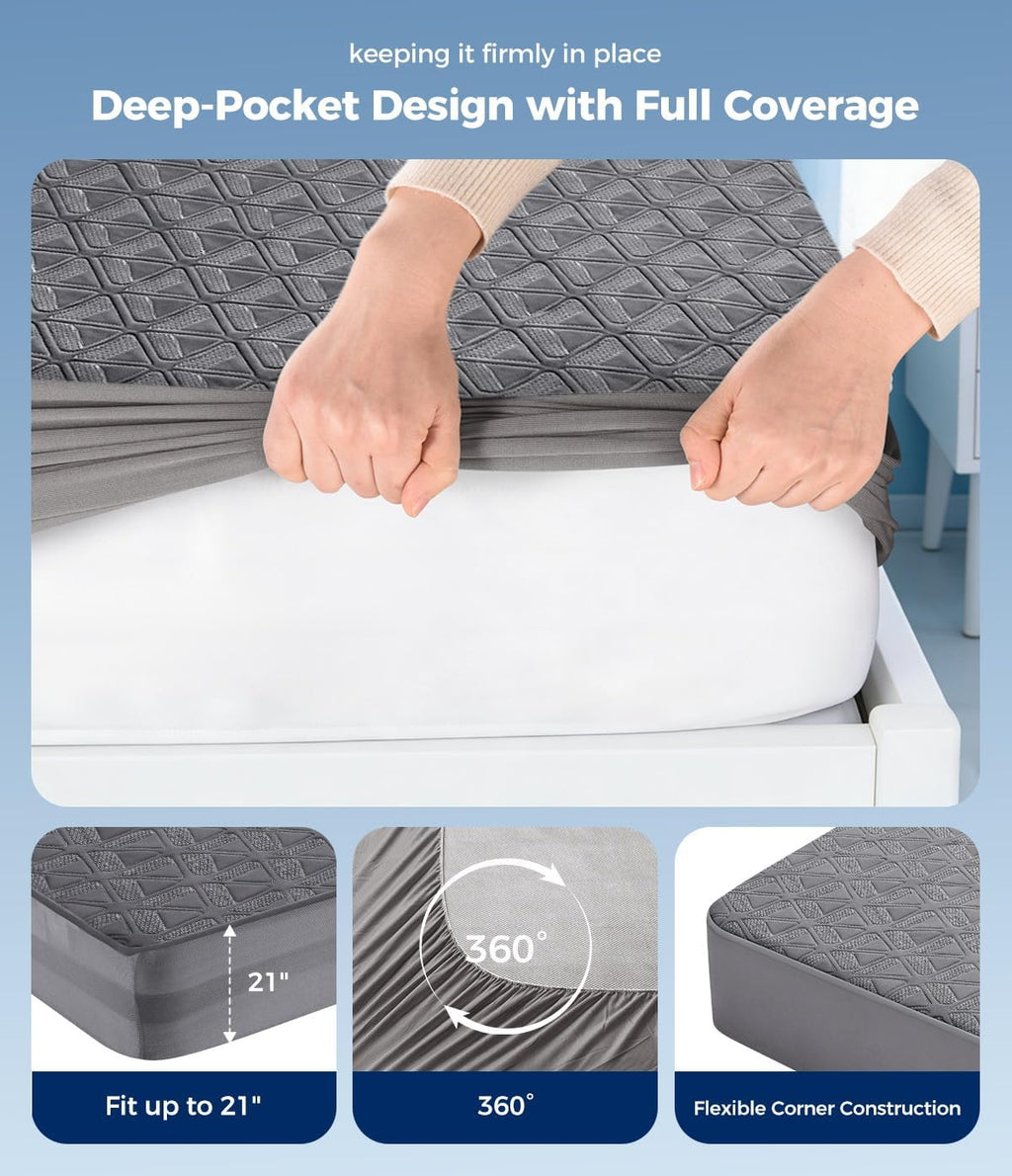 Waterproof Mattress Protector Queen Size, Soft Breathable Mattress Pad with Deep Pocket 8"-21", Noiseless 3D Air Fabric Cooling Mattress Cover for Bed, Machine Washable, Grey
