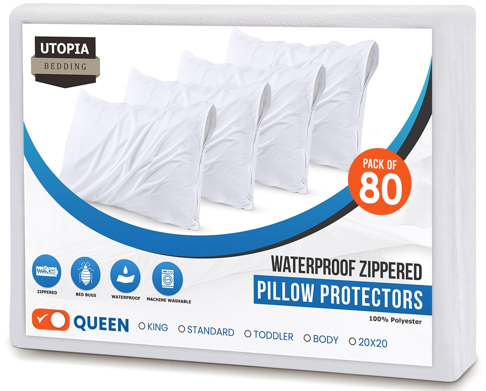Set of 2 Pillow Protectors with Zipper Standard Size, Bed Bug and Dust Mite Proof Pillow Covers, Ultra Soft Pillow Encasements, Moisture Wicking and Waterproof Pillow Cases by Utopia Bedding (White)