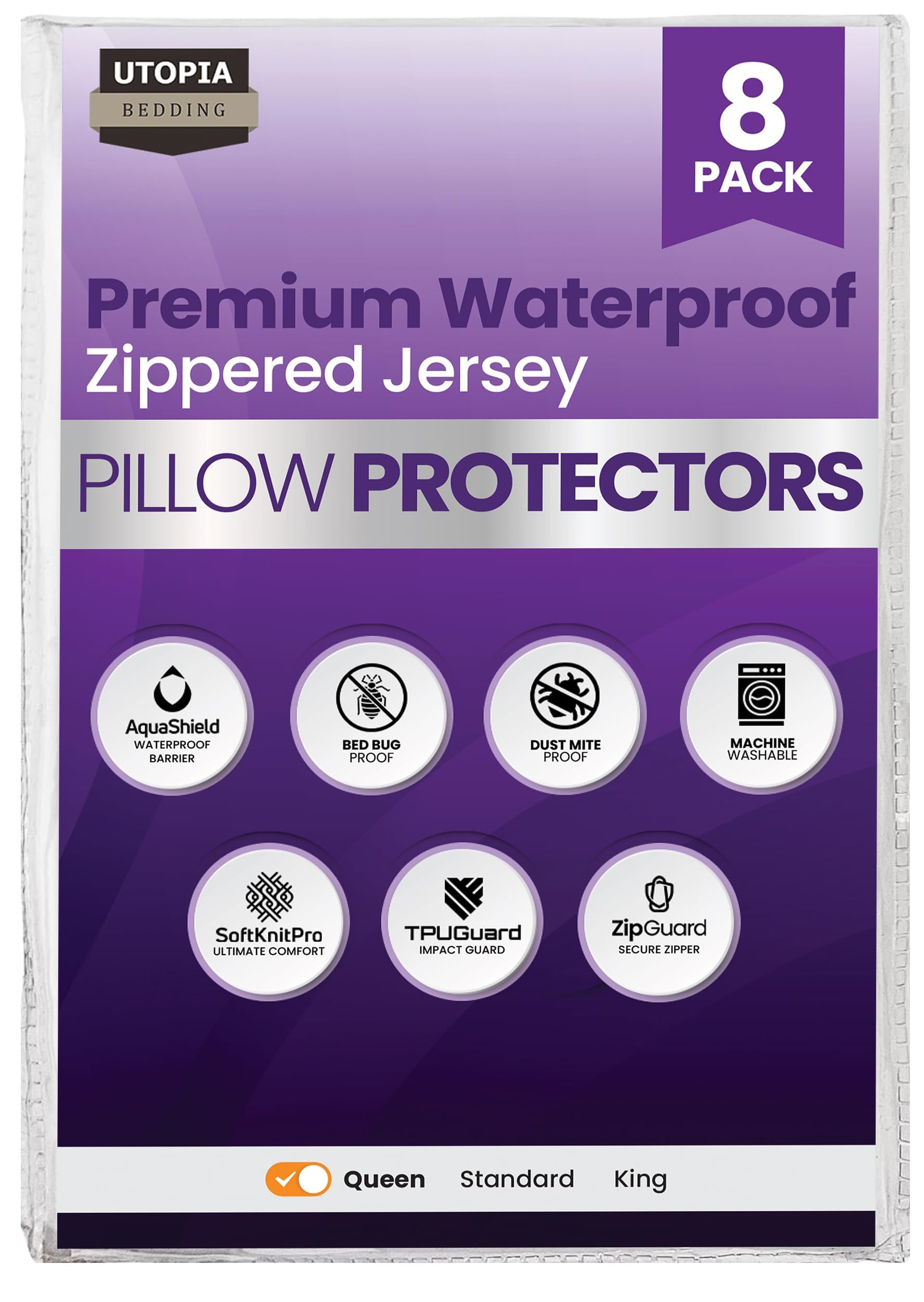 Set of 2 Pillow Protectors with Zipper Standard Size, Bed Bug and Dust Mite Proof Pillow Covers, Ultra Soft Pillow Encasements, Moisture Wicking and Waterproof Pillow Cases by Utopia Bedding (White)