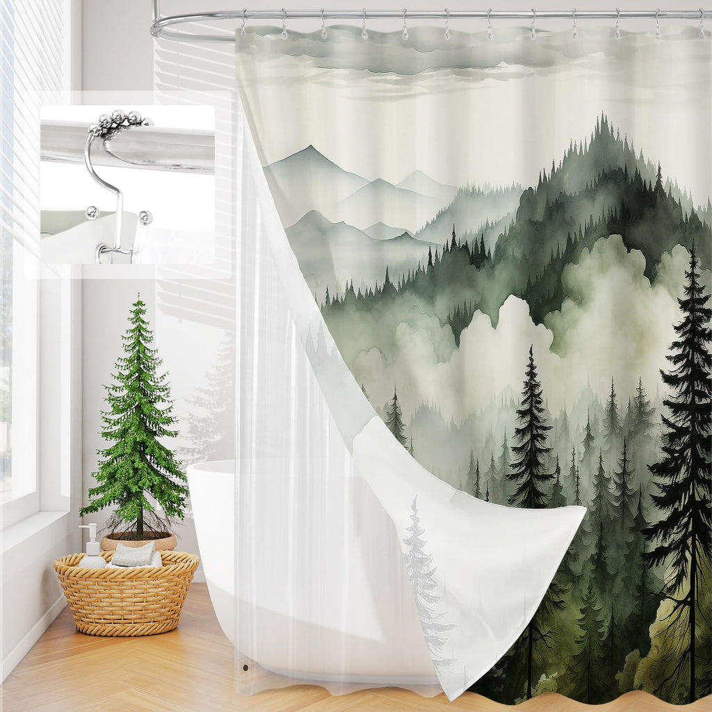 Litable Dark Green Forest Shower Curtain Set, 3 in 1 Fabric Shower Curtain with Waterproof Plastic Shower Curtain Liner & 12 Stainless Steel Metal Hooks, Misty Pine Nature Bathroom Curtain 72x72