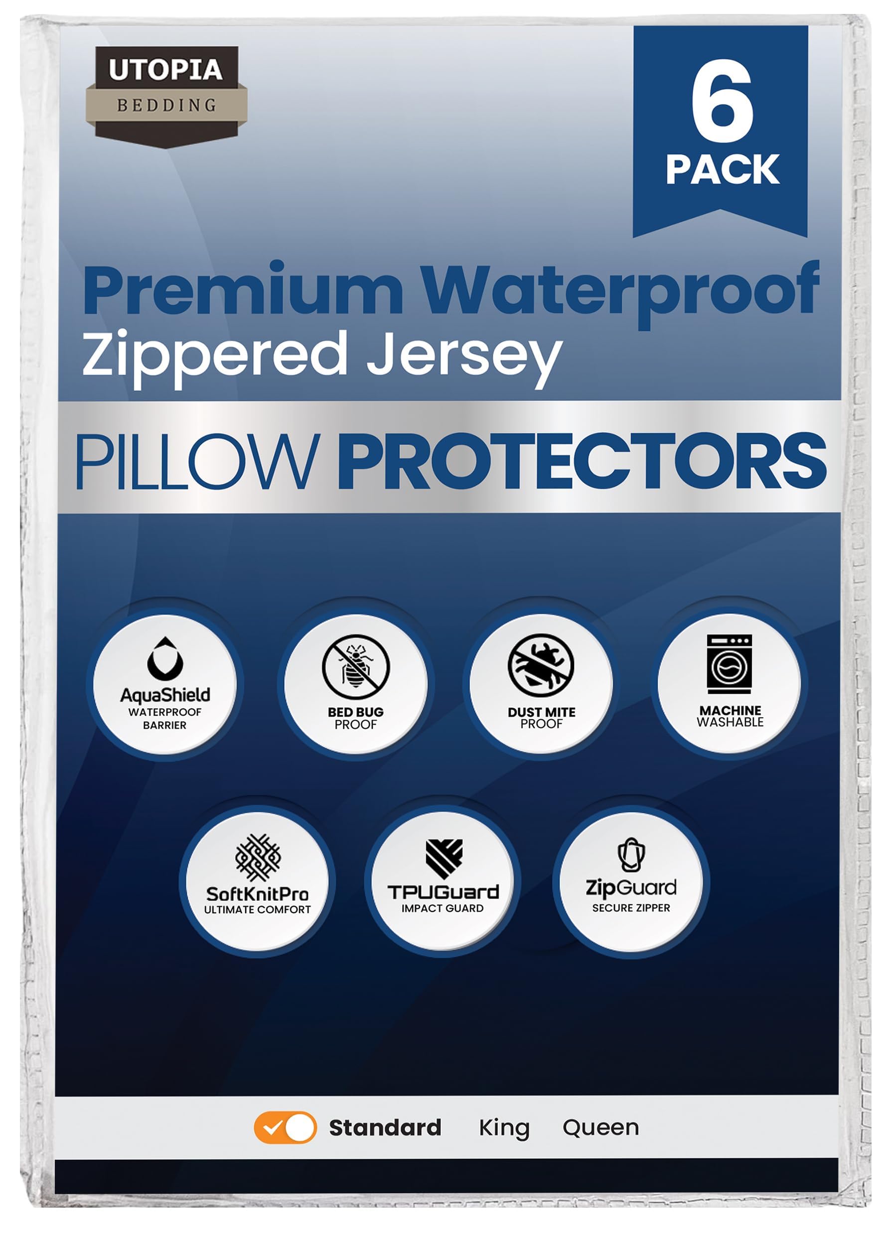 Set of 2 Pillow Protectors with Zipper Standard Size, Bed Bug and Dust Mite Proof Pillow Covers, Ultra Soft Pillow Encasements, Moisture Wicking and Waterproof Pillow Cases by Utopia Bedding (White)
