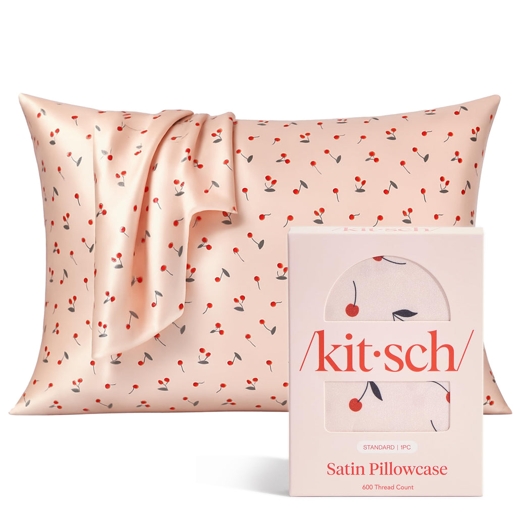 Kitsch Satin Pillowcase with Zipper for Hair & Skin - Softer Than Silk Pillow Cases, Smooth Cooling Satin Pillow Case, Wrinkle-Free, Machine Washable, Pillow Cases Standard Size 19x26 - Cherry Print