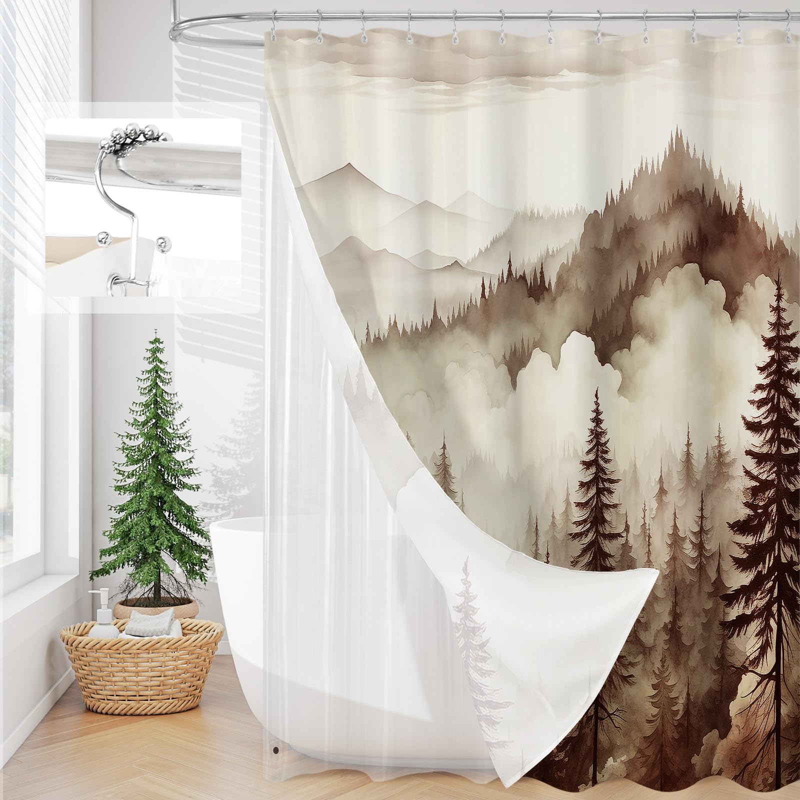Litable Dark Green Forest Shower Curtain Set, 3 in 1 Fabric Shower Curtain with Waterproof Plastic Shower Curtain Liner & 12 Stainless Steel Metal Hooks, Misty Pine Nature Bathroom Curtain 72x72