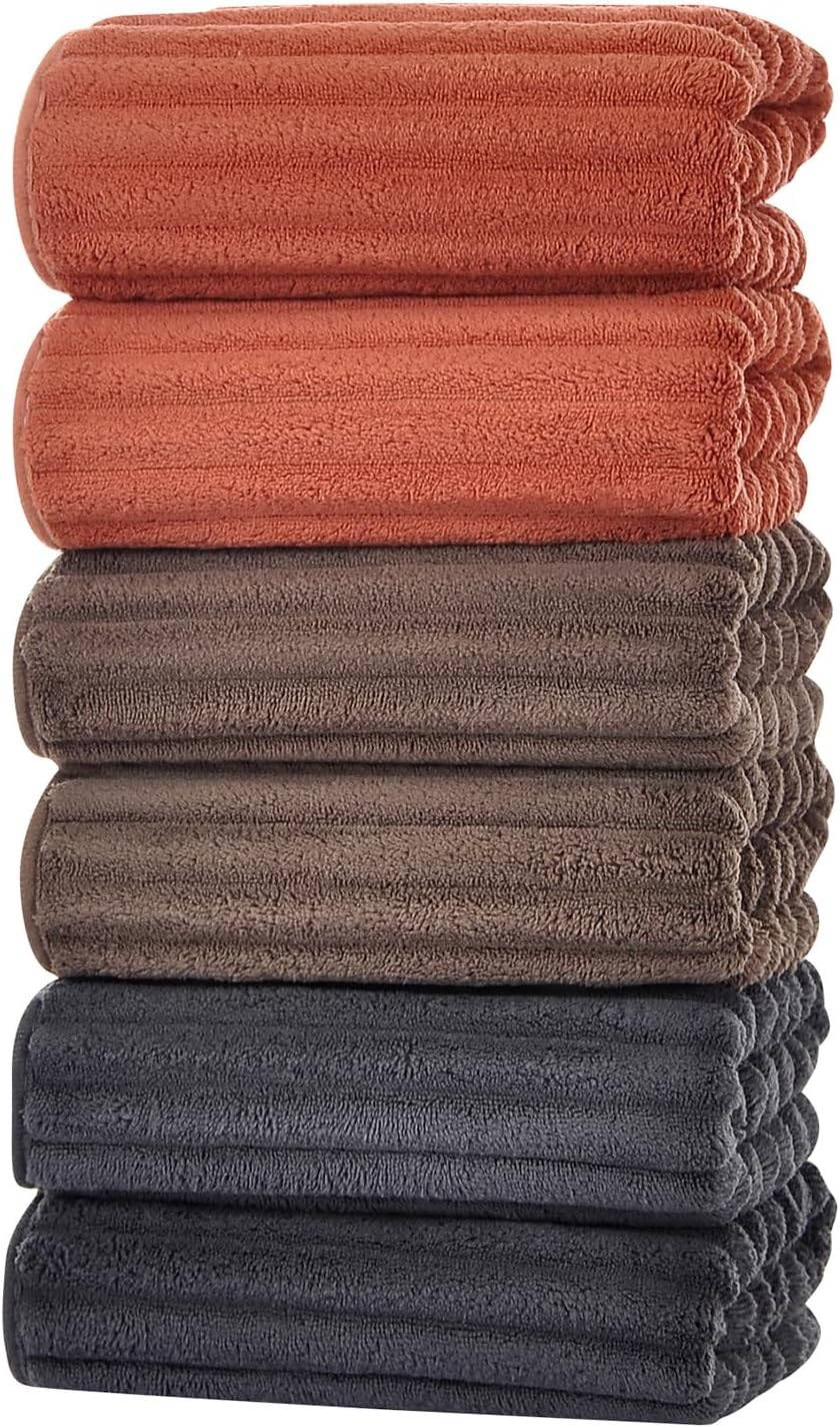 Set of 6 14X29.5 Inch Quick Dry Soft Microfiber Hand Towels with Hanging Loops for Bathroom Spa Kitchen Hotel, Brick Red Dark Grey Brown