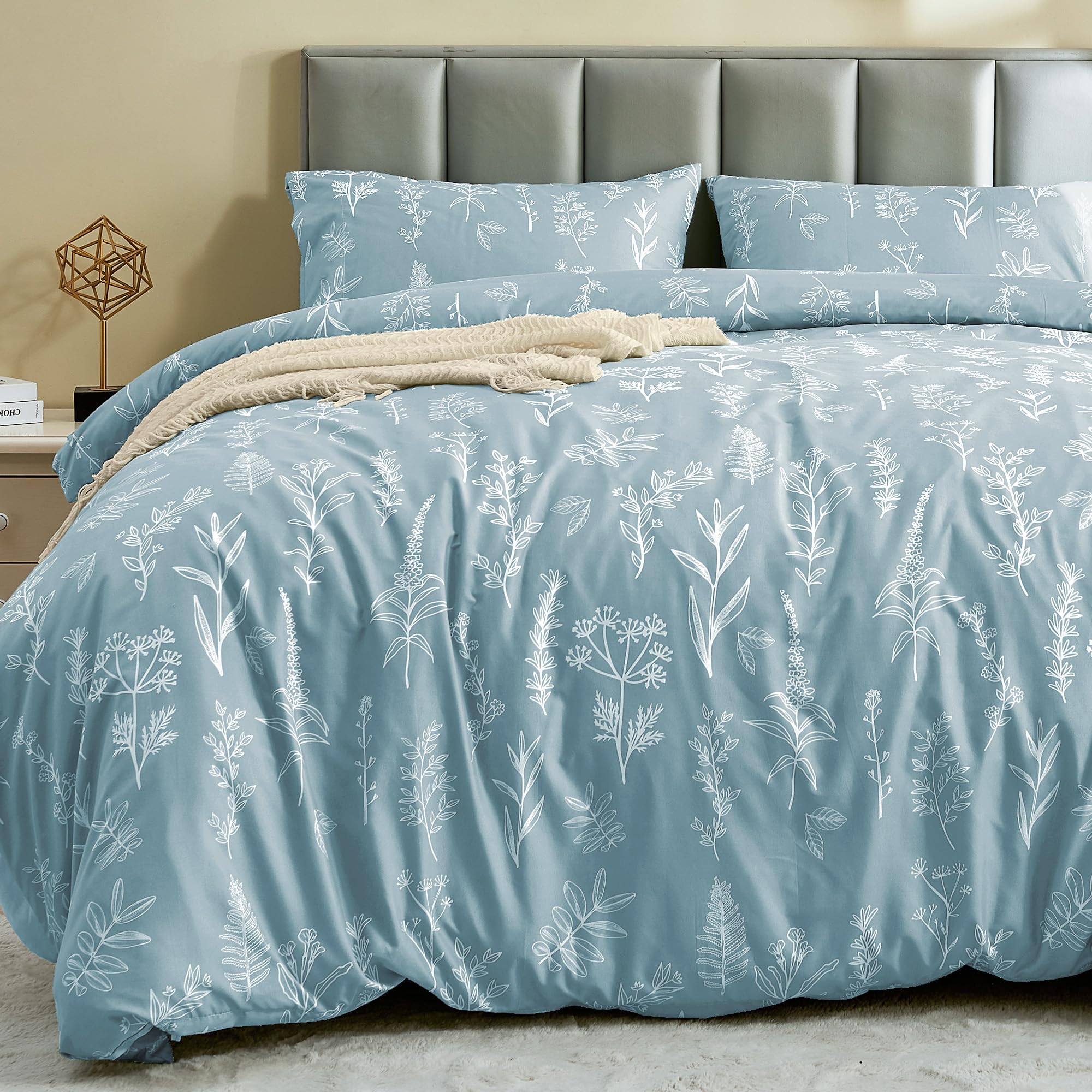 MUXHOMO Duvet Cover Queen Size, Reversible Floral Green Duvet Cover Set with Zipper Closure, 3 Pieces Botanical Patterns Soft Microfiber Bedding Set with 4 Ties (90"x90", 2 Pillow Cases)