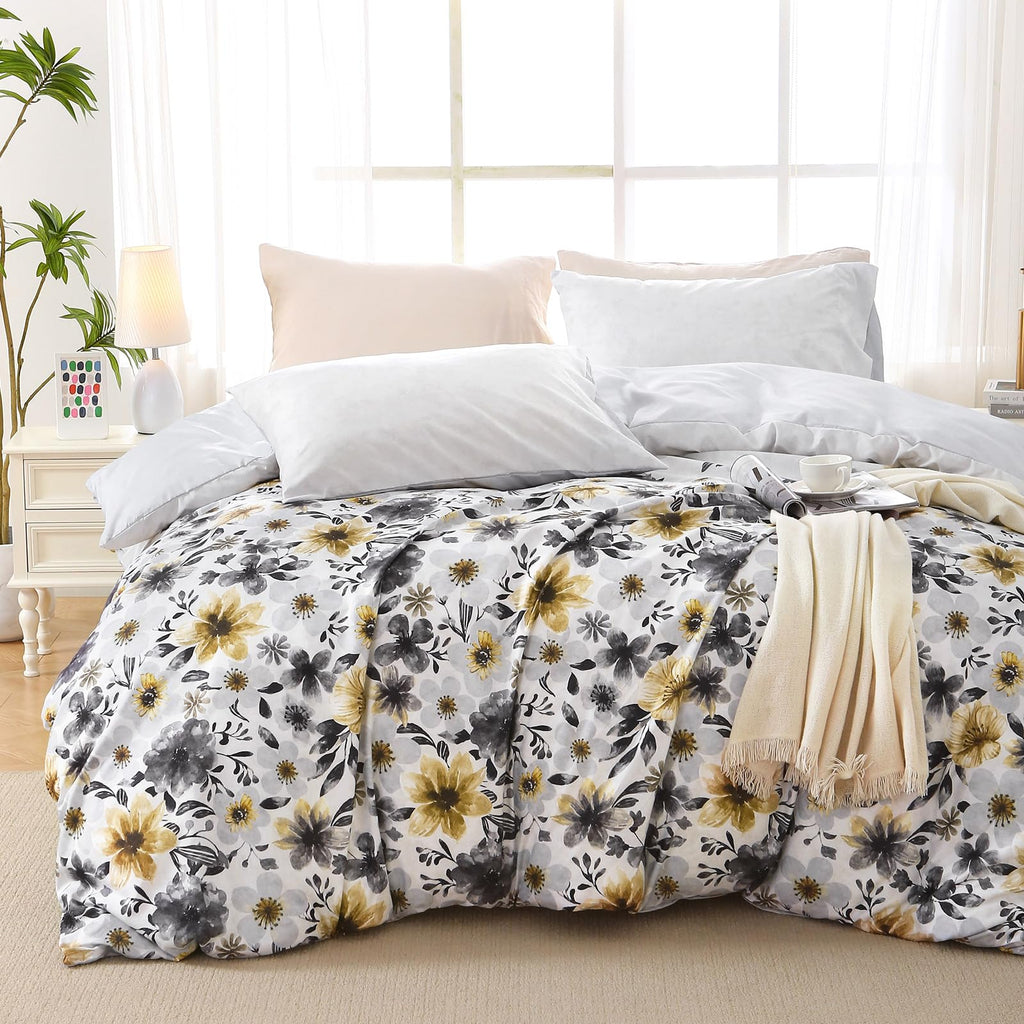 MUXHOMO Duvet Cover Queen Size, Reversible Floral Green Duvet Cover Set with Zipper Closure, 3 Pieces Botanical Patterns Soft Microfiber Bedding Set with 4 Ties (90"x90", 2 Pillow Cases)