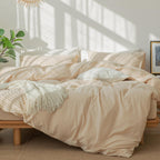 MooMee Bedding Duvet Cover Set 100% Washed Cotton Linen Like Textured Breathable Durable Soft Comfy (Heathered Tannish Linen Grey, Queen 90"x90")