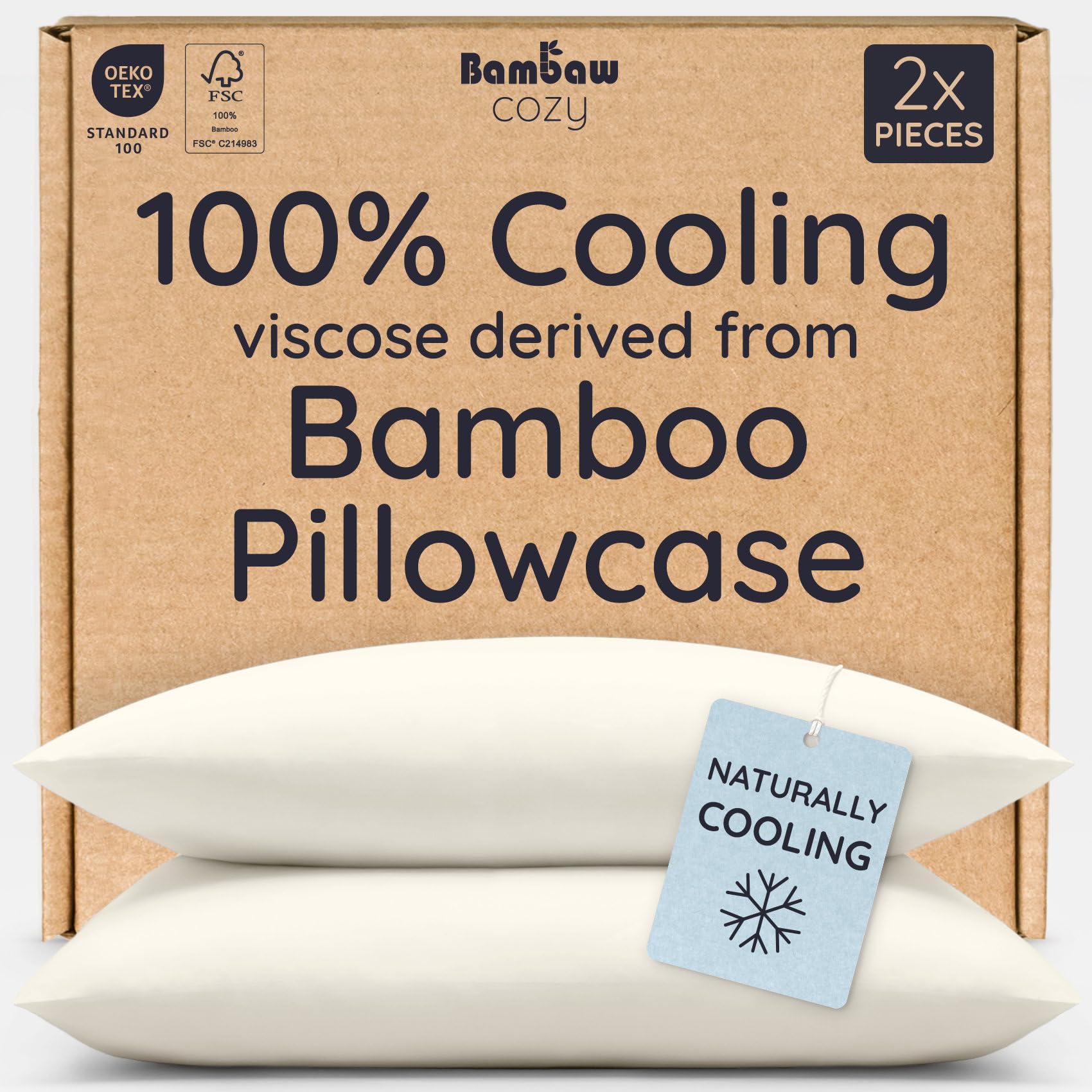 Bambaw 100% Viscose Derived from Bamboo Pillowcase Queen Size – Queen Cooling Pillow Cases Set of 2, with Envelope Closure, Breathable & Super Soft Pillow Cases (Ivory)