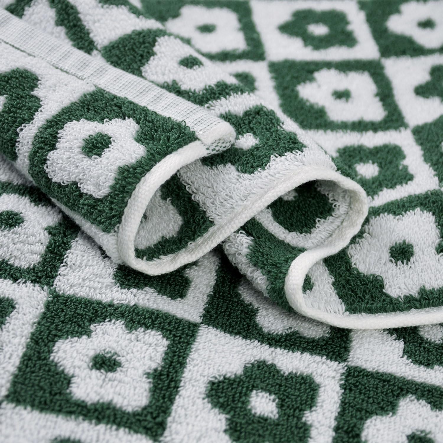 Jacquotha Cotton Hand Towels Green Checkered Floral - Quick Drying Hand Towel Set of 4, for Bathroom Kitchen Decor, 29” x 13”