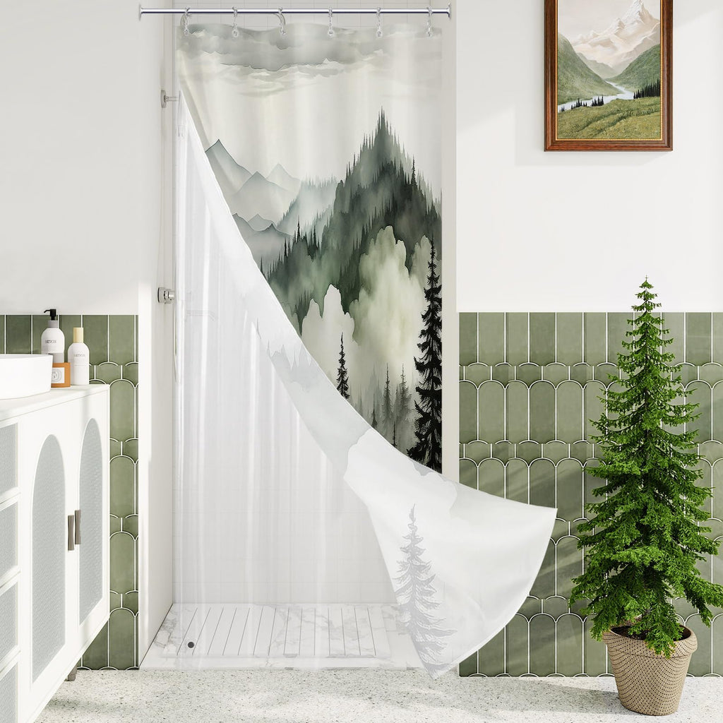 Litable Dark Green Forest Shower Curtain Set, 3 in 1 Fabric Shower Curtain with Waterproof Plastic Shower Curtain Liner & 12 Stainless Steel Metal Hooks, Misty Pine Nature Bathroom Curtain 72x72