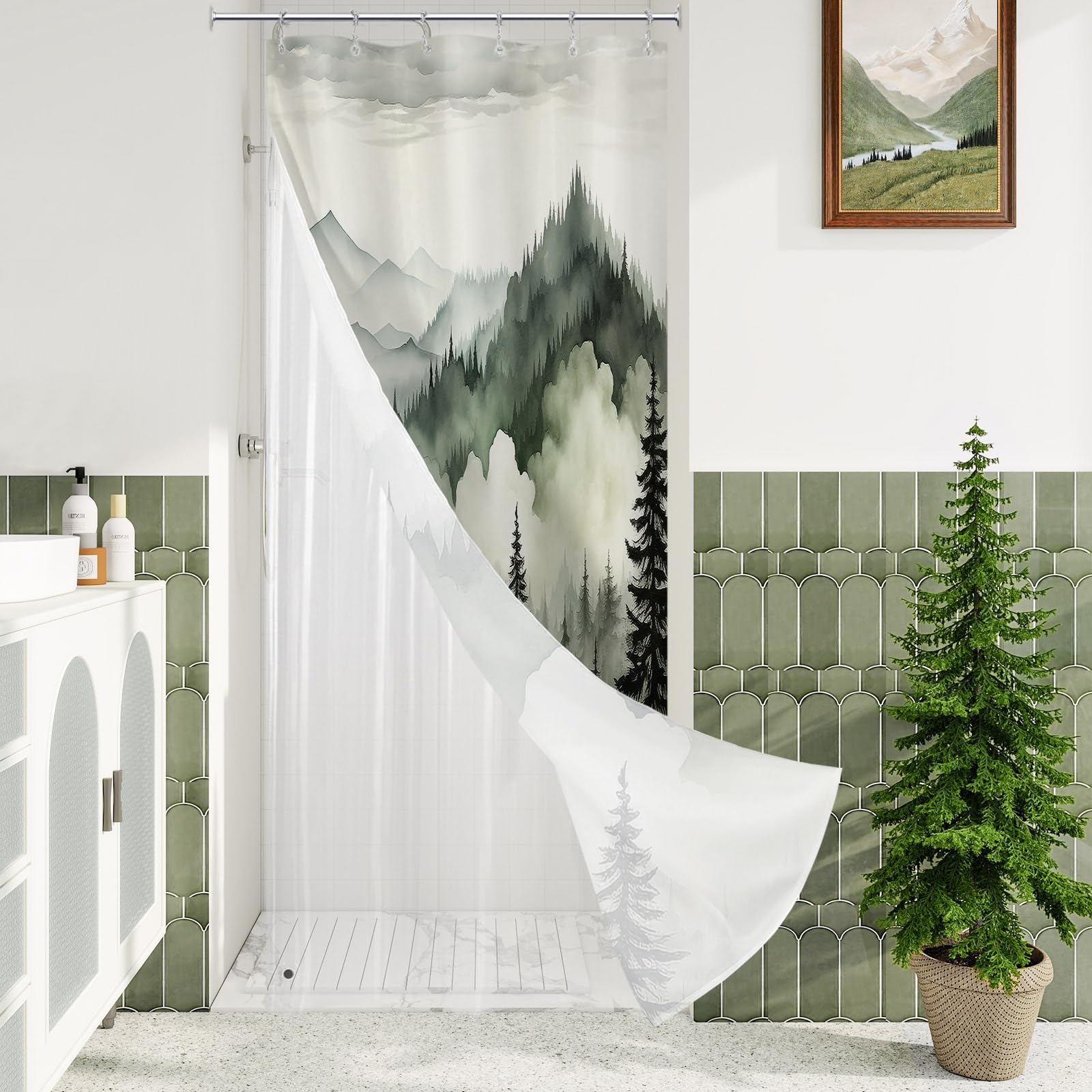 Litable Dark Green Forest Shower Curtain Set, 3 in 1 Fabric Shower Curtain with Waterproof Plastic Shower Curtain Liner & 12 Stainless Steel Metal Hooks, Misty Pine Nature Bathroom Curtain 72x72