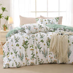 MUXHOMO Duvet Cover Queen Size, Reversible Floral Green Duvet Cover Set with Zipper Closure, 3 Pieces Botanical Patterns Soft Microfiber Bedding Set with 4 Ties (90"x90", 2 Pillow Cases)