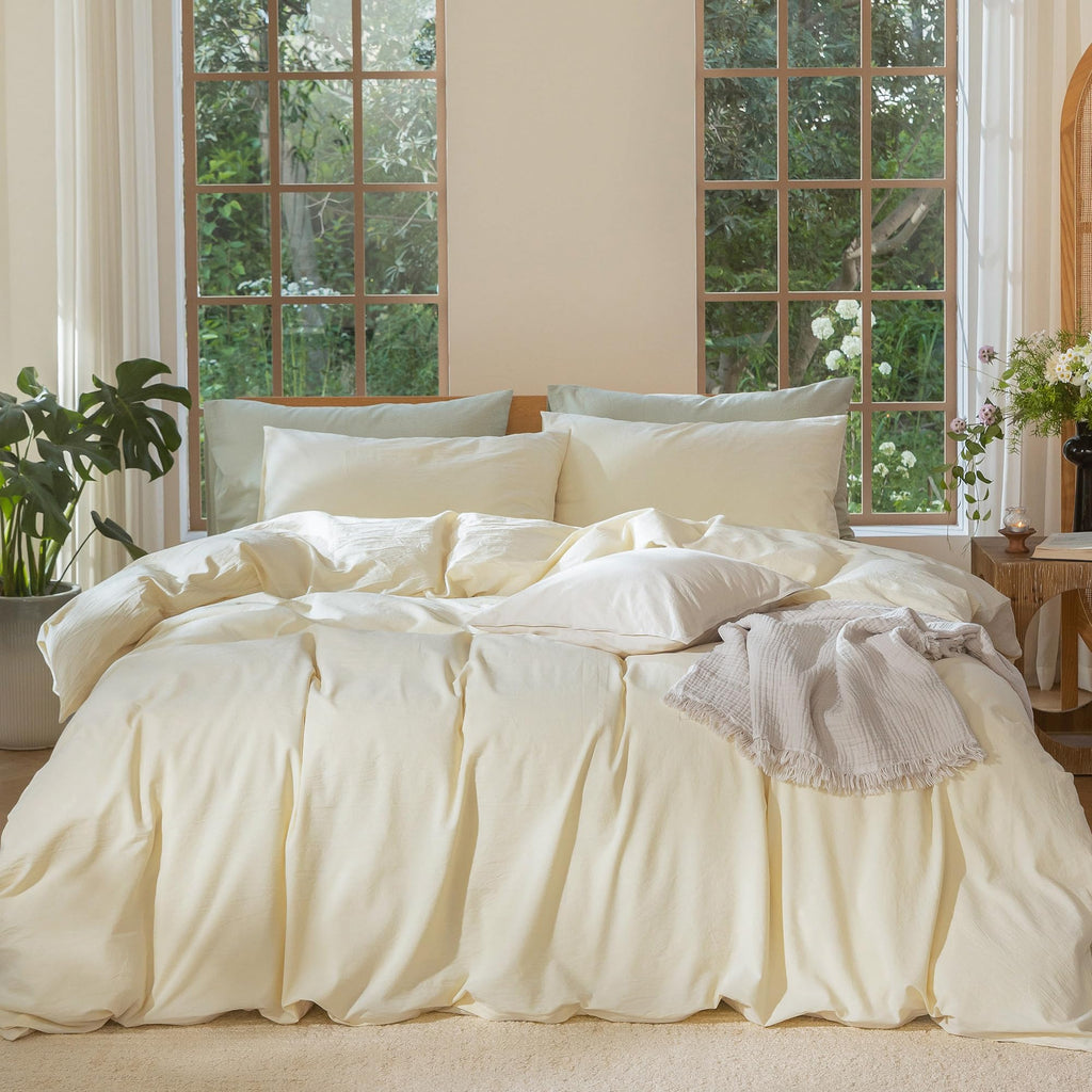 MooMee Bedding Duvet Cover Set 100% Washed Cotton Linen Like Textured Breathable Durable Soft Comfy (Heathered Tannish Linen Grey, Queen 90"x90")