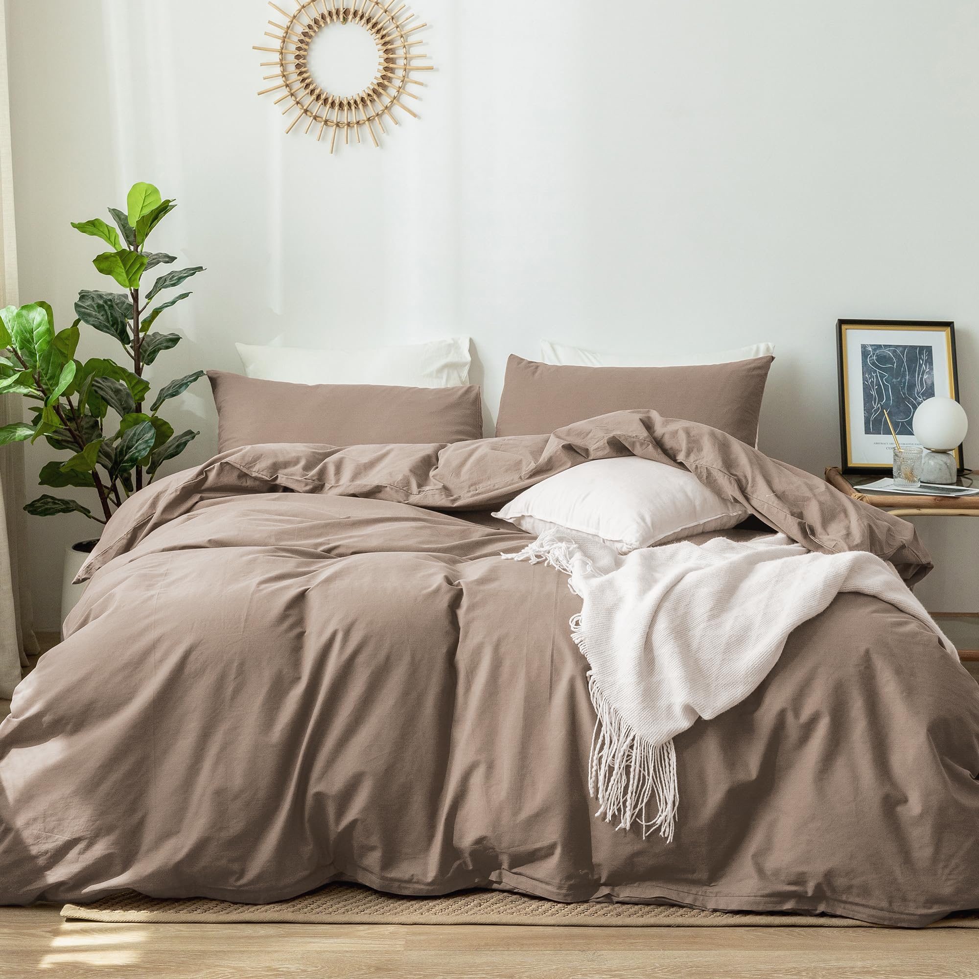 MooMee Bedding Duvet Cover Set 100% Washed Cotton Linen Like Textured Breathable Durable Soft Comfy (Heathered Tannish Linen Grey, Queen 90"x90")