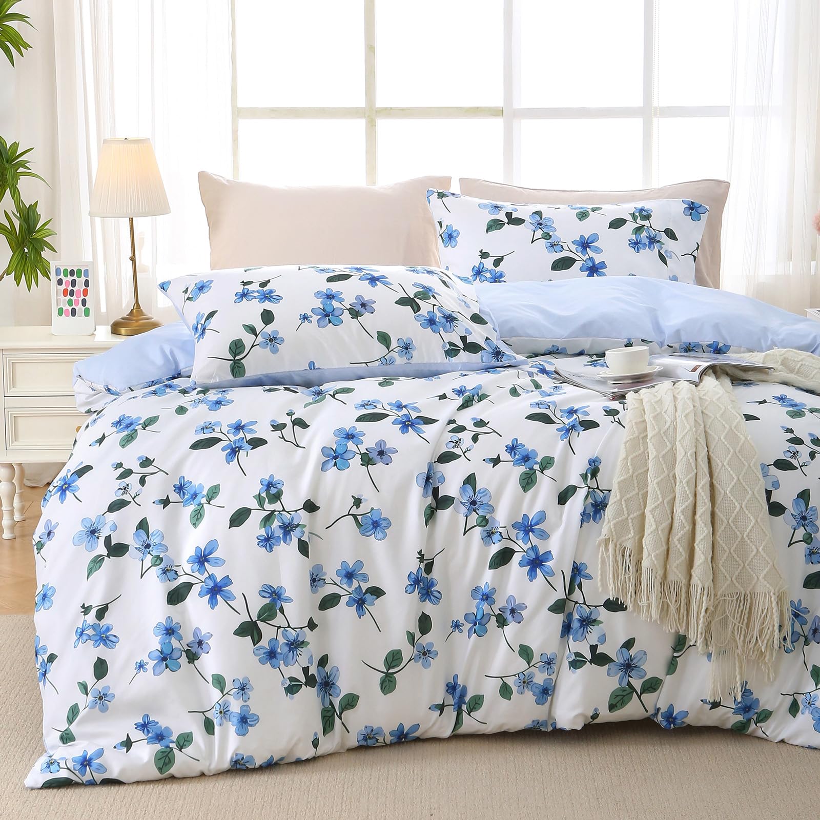MUXHOMO Duvet Cover Queen Size, Reversible Floral Green Duvet Cover Set with Zipper Closure, 3 Pieces Botanical Patterns Soft Microfiber Bedding Set with 4 Ties (90"x90", 2 Pillow Cases)