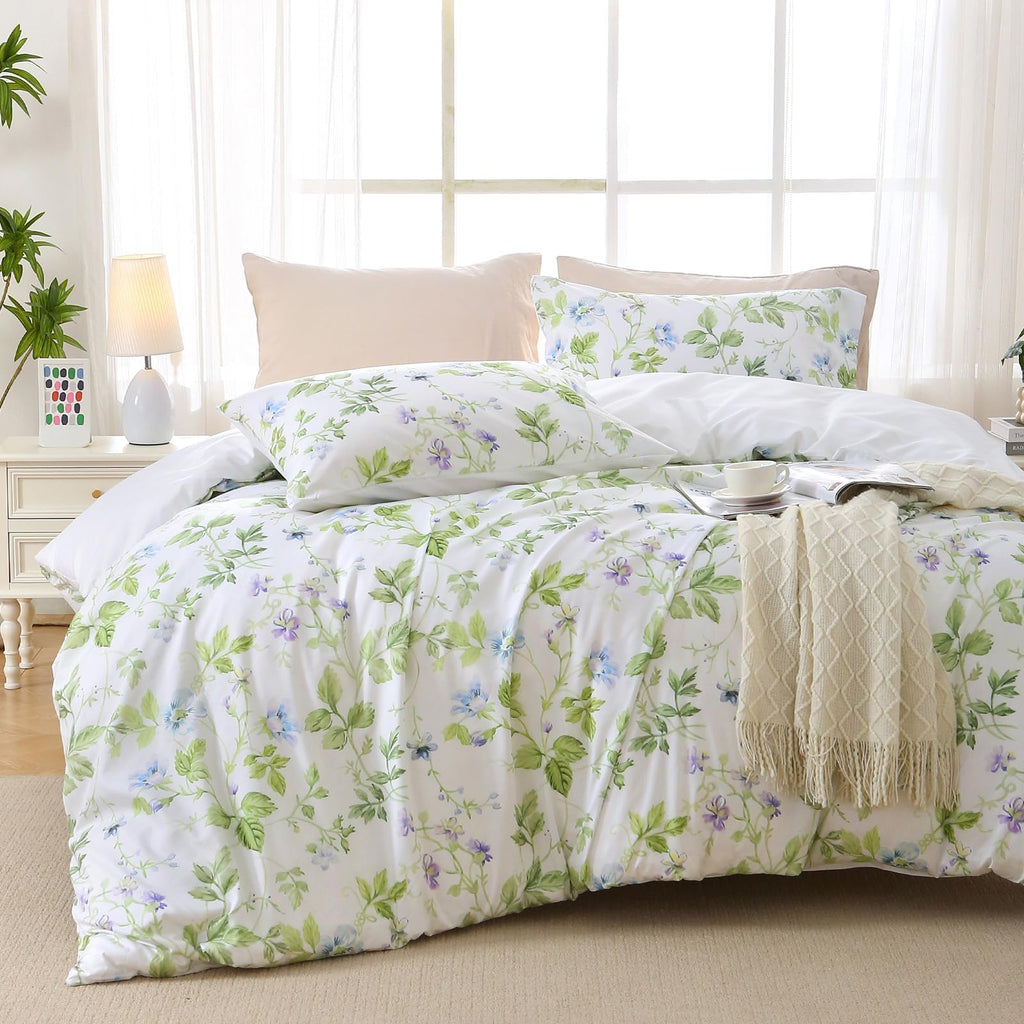 MUXHOMO Duvet Cover Queen Size, Reversible Floral Green Duvet Cover Set with Zipper Closure, 3 Pieces Botanical Patterns Soft Microfiber Bedding Set with 4 Ties (90"x90", 2 Pillow Cases)
