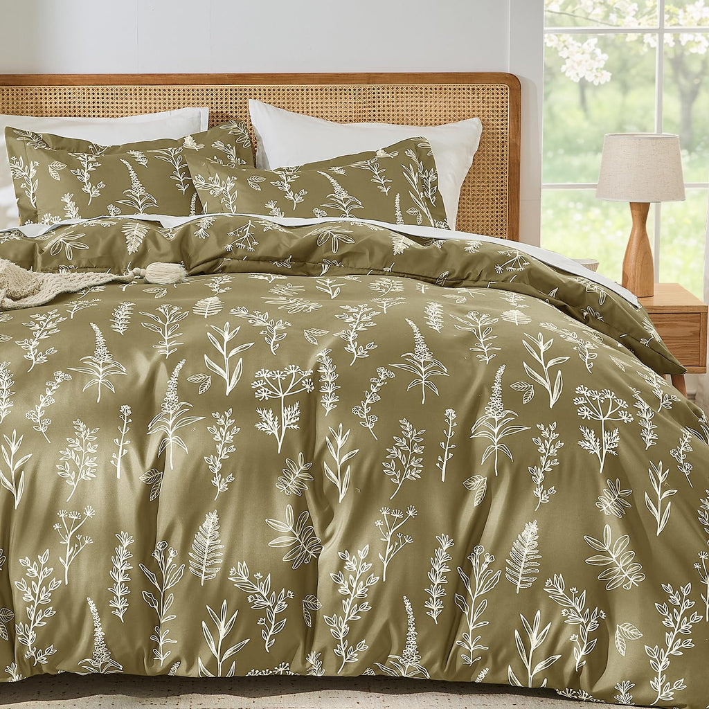 MUXHOMO Duvet Cover Queen Size, Reversible Floral Green Duvet Cover Set with Zipper Closure, 3 Pieces Botanical Patterns Soft Microfiber Bedding Set with 4 Ties (90"x90", 2 Pillow Cases)