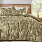 MUXHOMO Duvet Cover Queen Size, Reversible Floral Green Duvet Cover Set with Zipper Closure, 3 Pieces Botanical Patterns Soft Microfiber Bedding Set with 4 Ties (90"x90", 2 Pillow Cases)