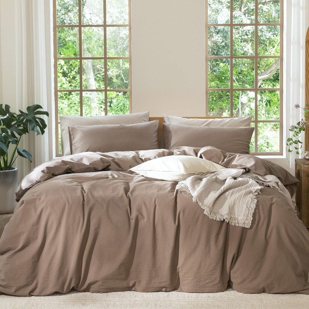 MooMee Bedding Duvet Cover Set 100% Washed Cotton Linen Like Textured Breathable Durable Soft Comfy (Heathered Tannish Linen Grey, Queen 90"x90")