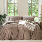 MooMee Bedding Duvet Cover Set 100% Washed Cotton Linen Like Textured Breathable Durable Soft Comfy (Heathered Tannish Linen Grey, Queen 90"x90")